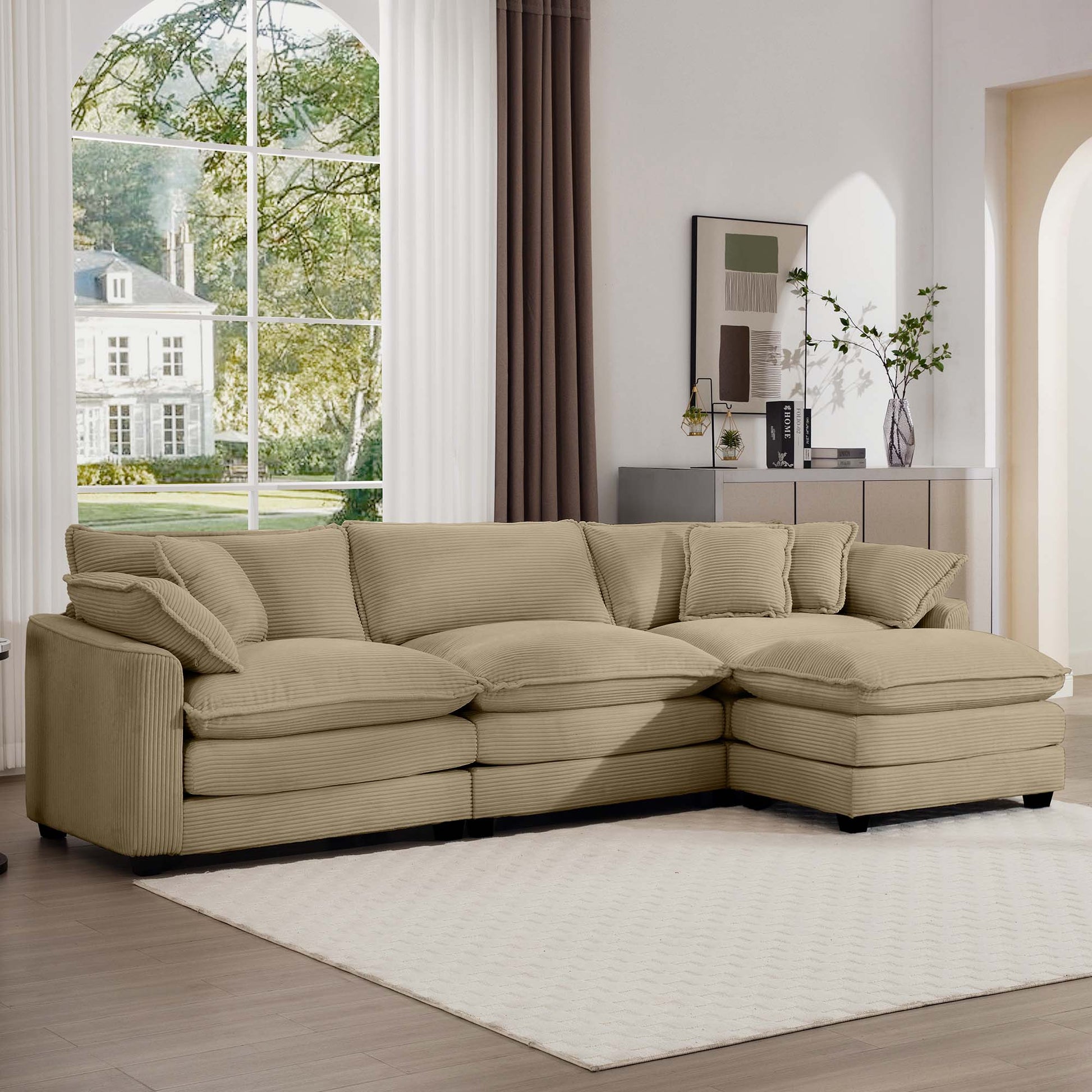 Beige corduroy sectional sofa with plush cushions and matching throw pillows ideal for living rooms