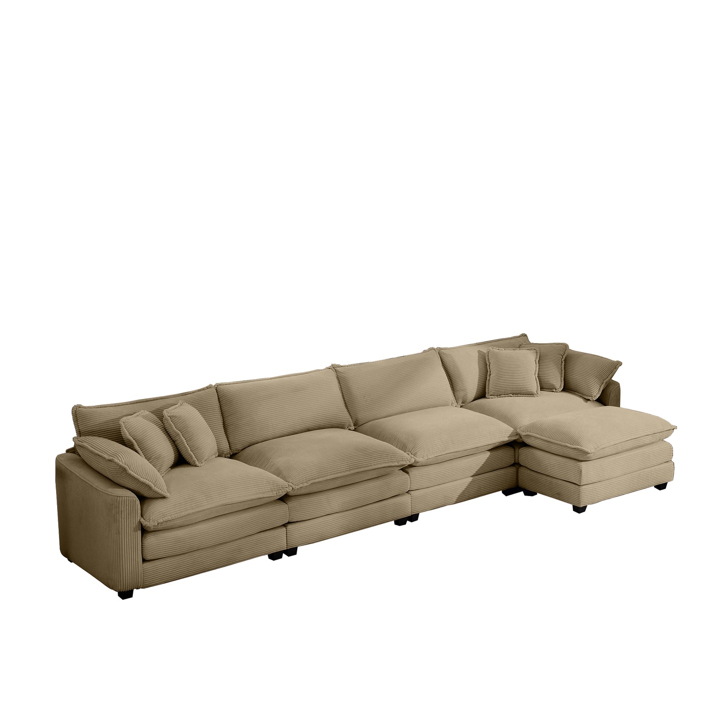 Taupe corduroy sectional sofa with plush cushions and chaise lounge