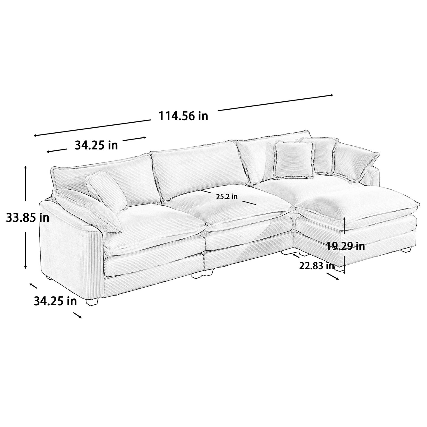 Lshaped sectional sofa with plush cushions and a chaise lounge  inches wide