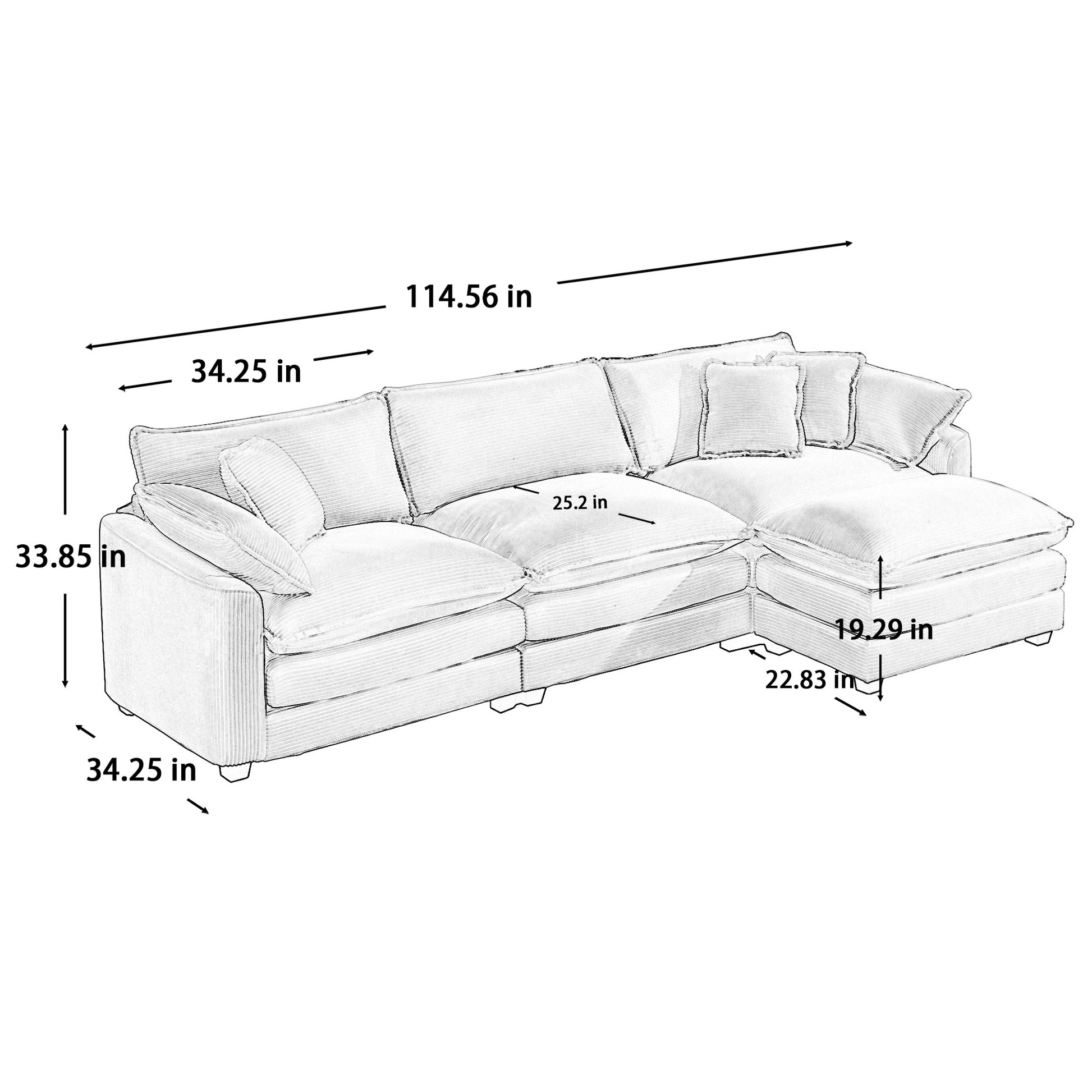 Lshaped sectional sofa with plush cushions and a chaise lounge  inches wide