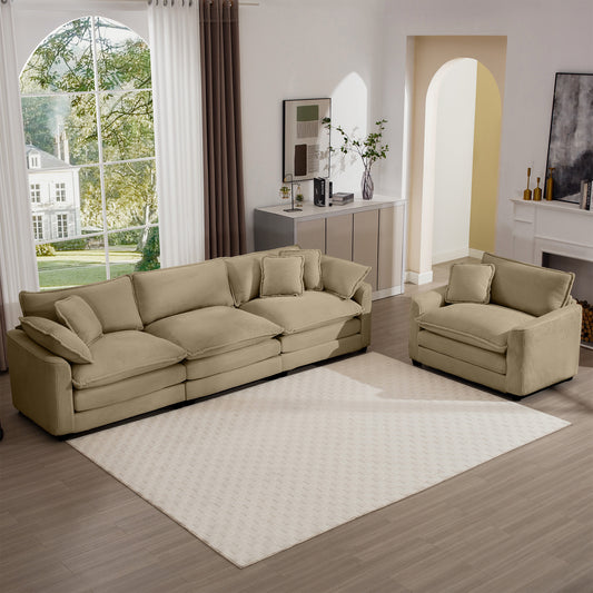 Beige corduroy fabric sectional sofa with plush cushions for ultimate comfort