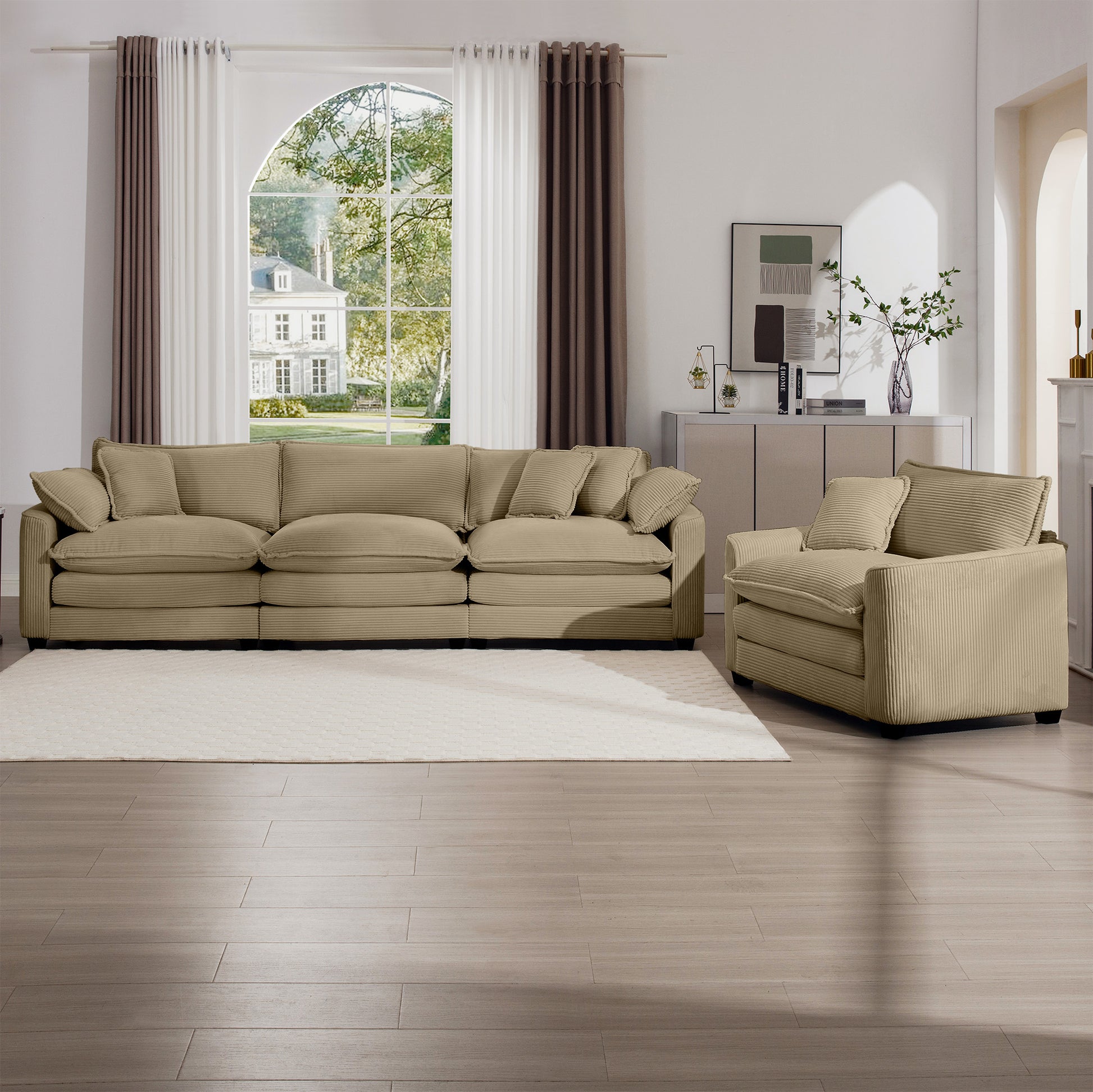 Plush beige corduroy sofa with deep cushions perfect for a cozy living room