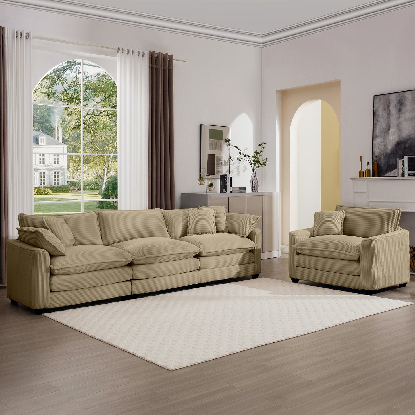 Beige corduroy sectional sofa with plush cushions perfect for a cozy living room setup
