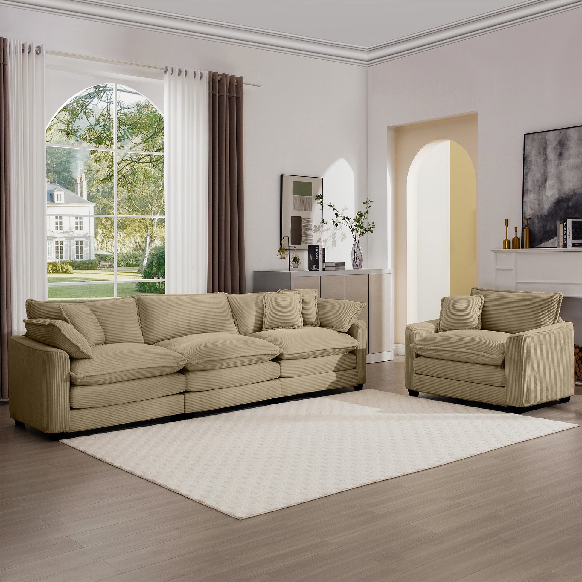 Beige corduroy sectional sofa with plush cushions perfect for a cozy living room setup