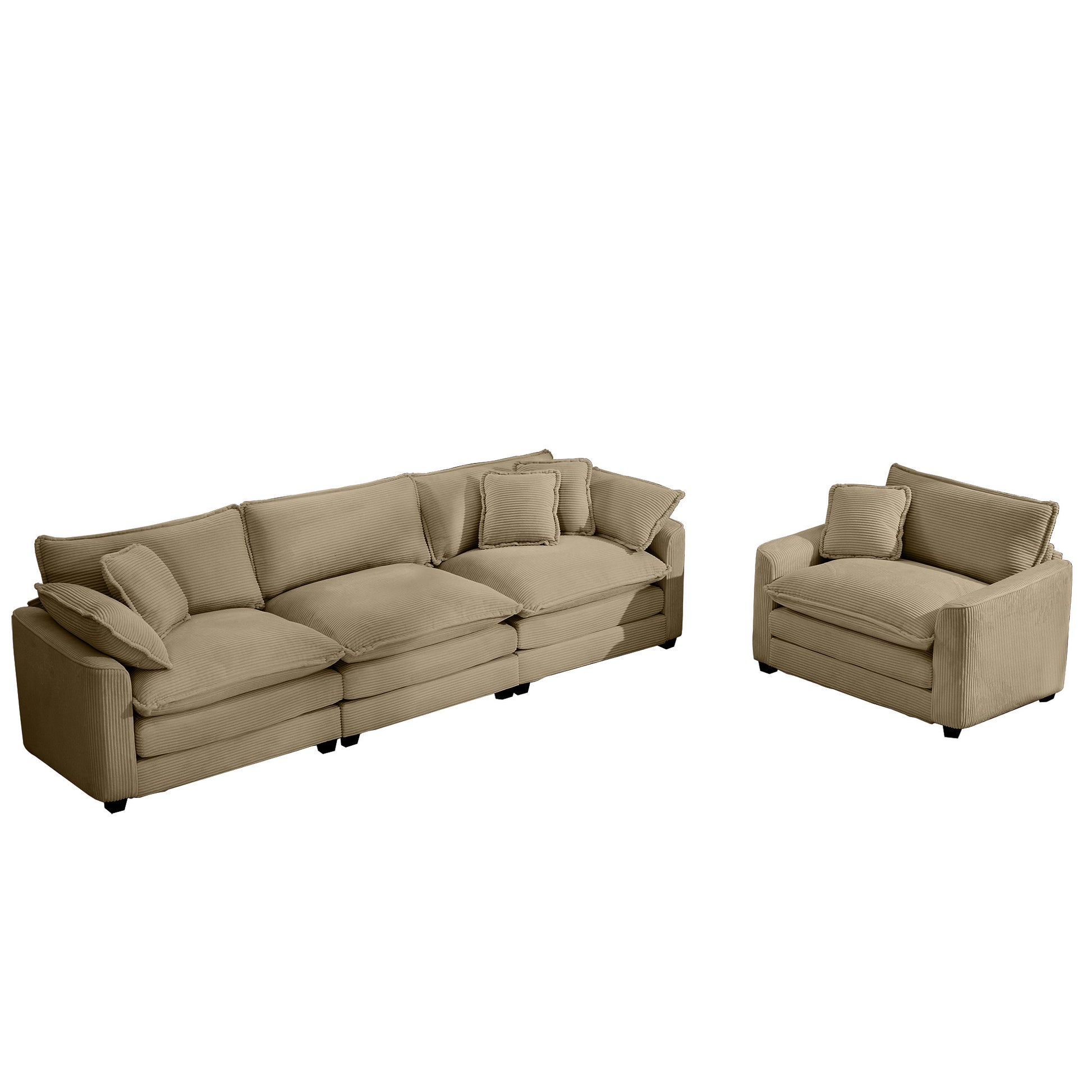 Plush beige corduroy sectional sofa with matching accent chair perfect for modern living rooms