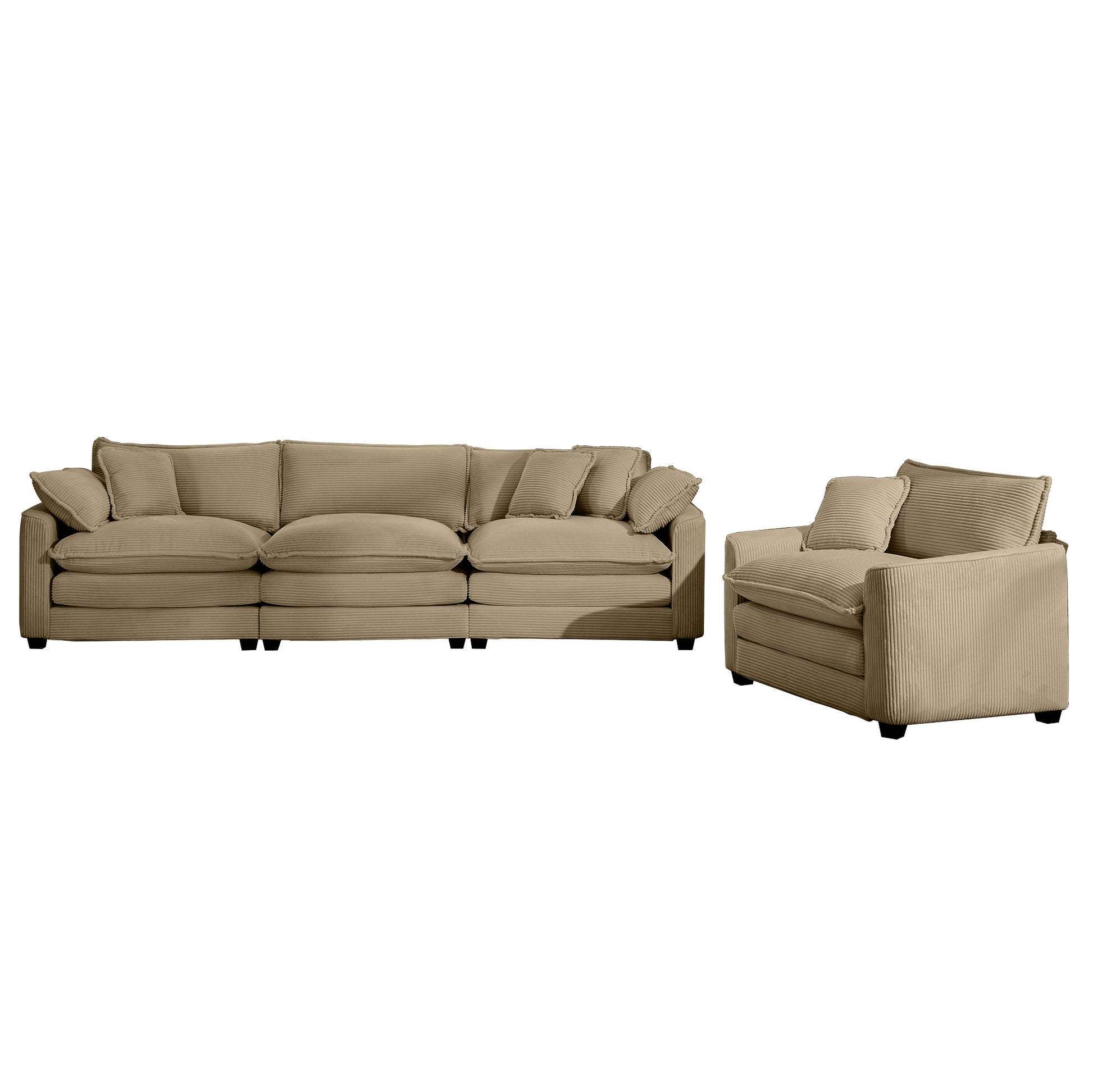 Beige corduroy threeseater sofa with plush cushions and throw pillows