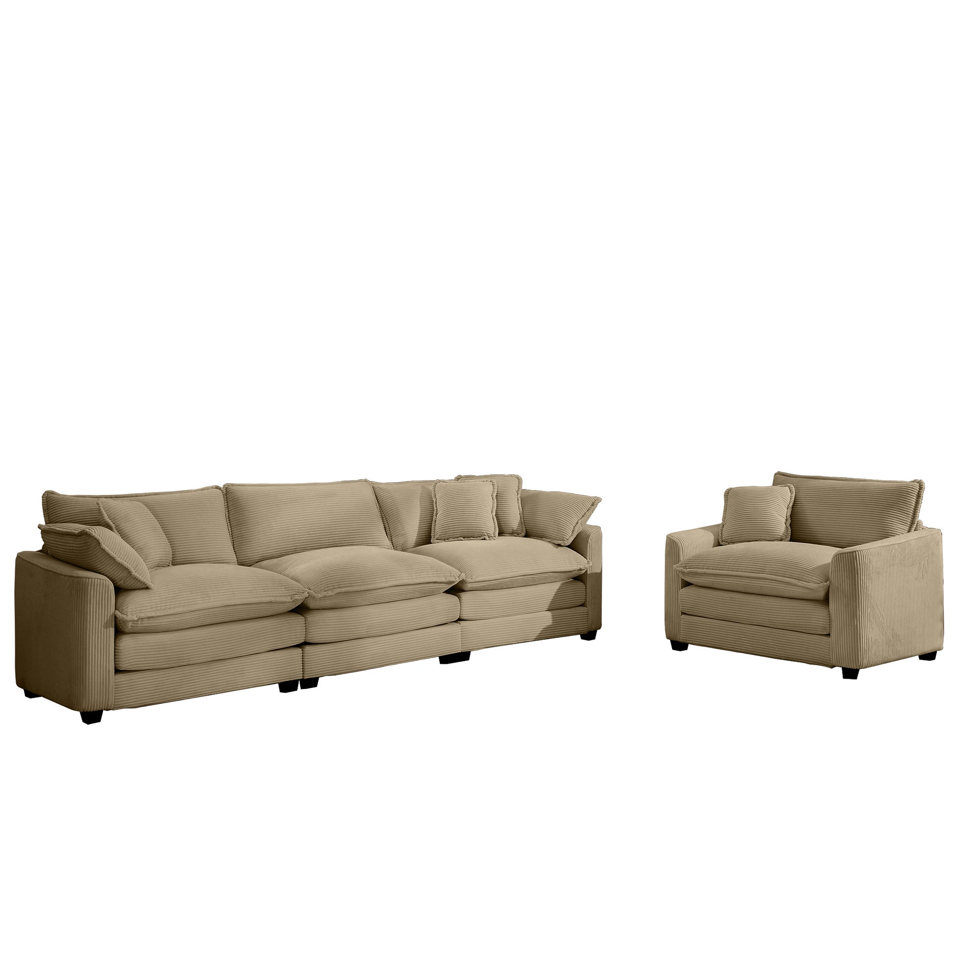 Sectional sofa and armchair in beige corduroy upholstery modern design for living rooms