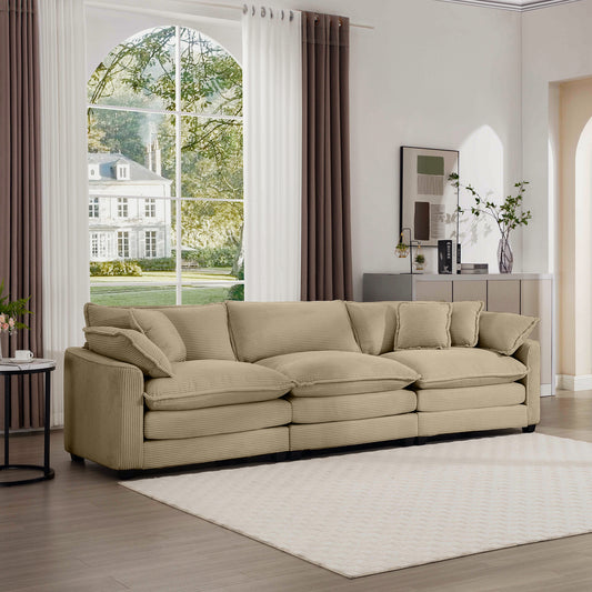 Comfortable beige corduroy sectional sofa with plush cushions for living room relaxation