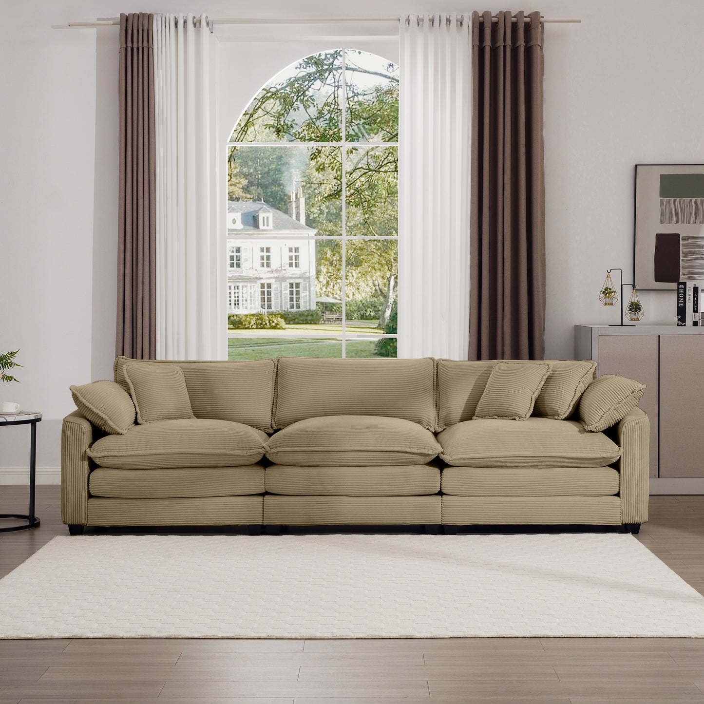Tan corduroy sofa with plush cushions ideal for a cozy living room setting