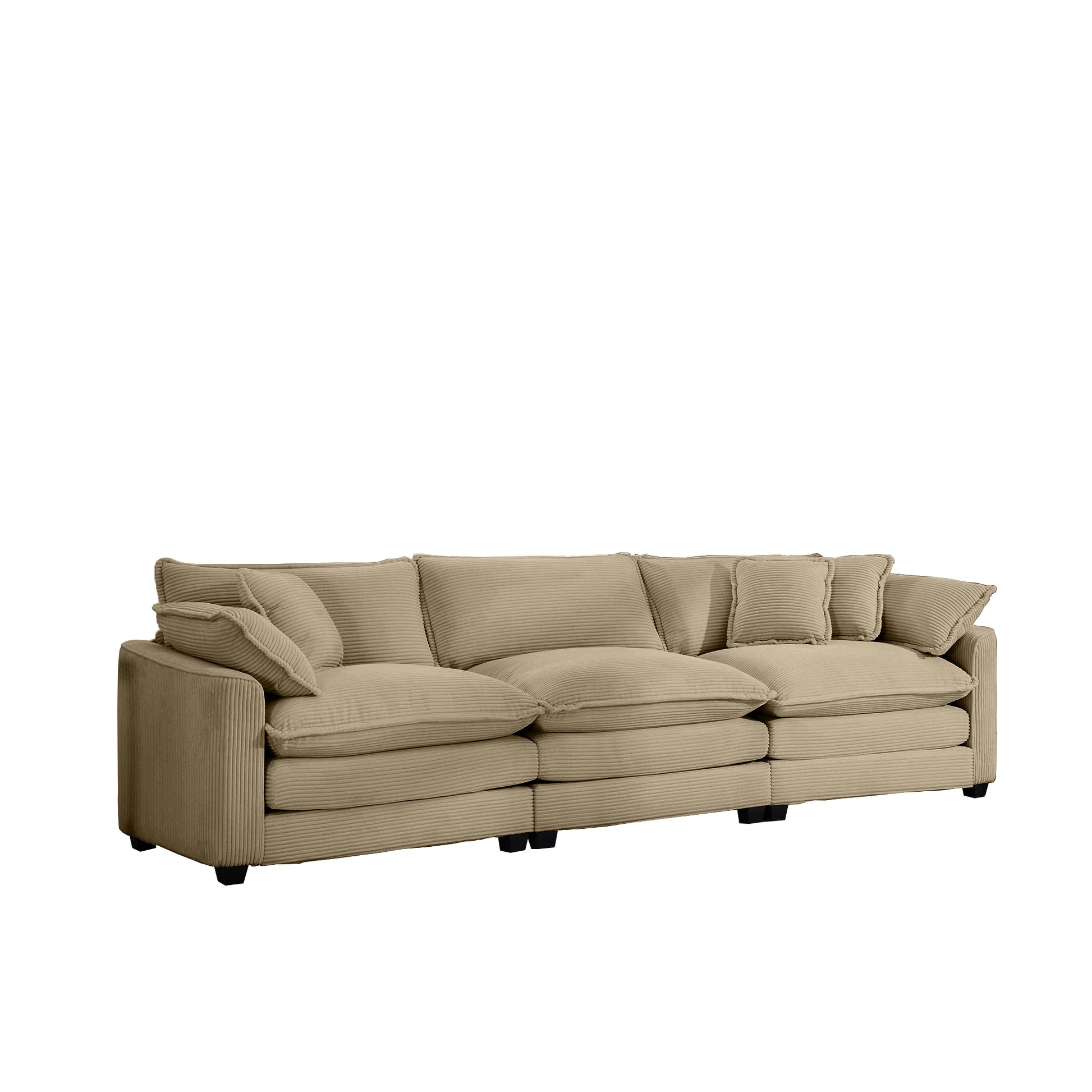 Beige corduroy sectional sofa with plush cushions and modern black legs