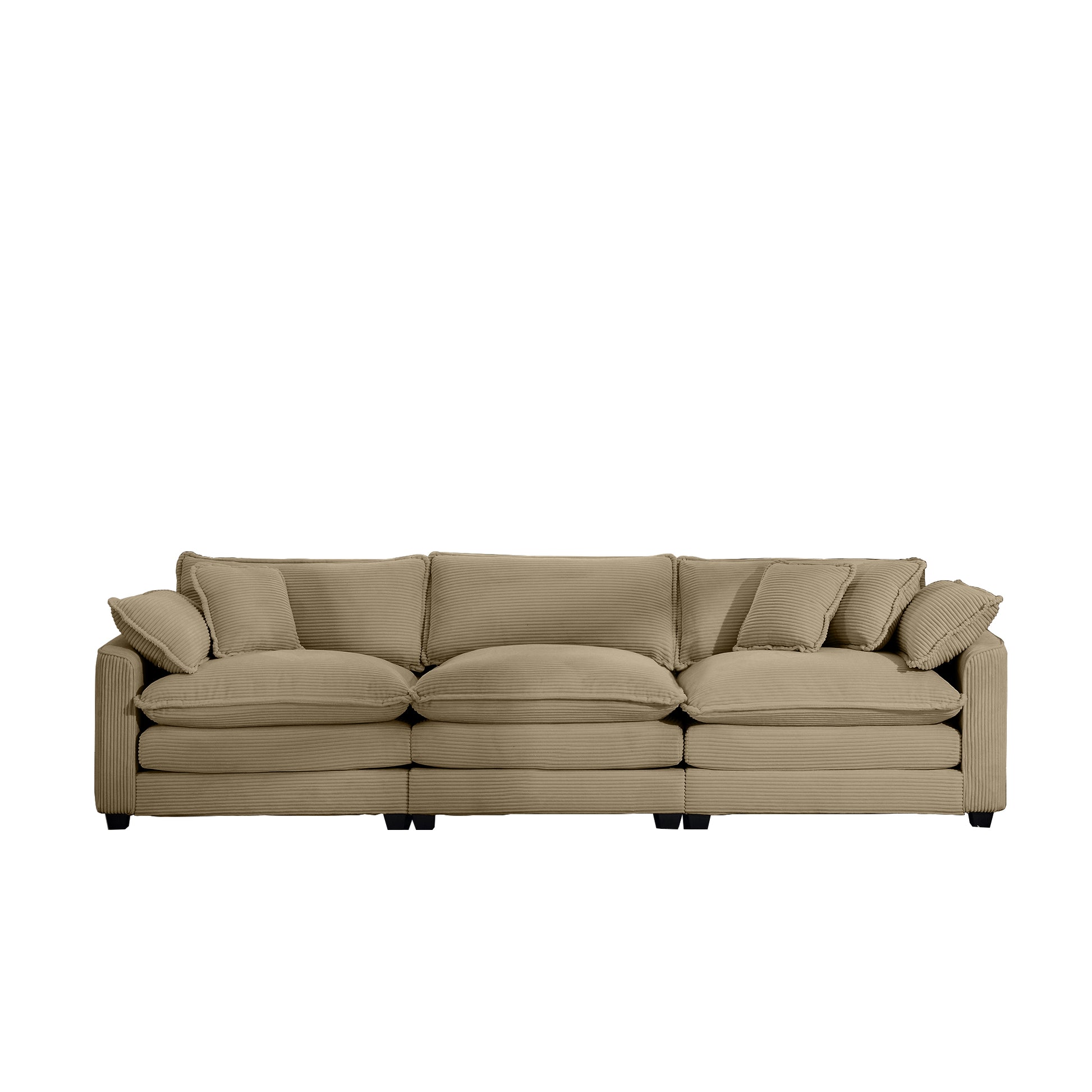 Threeseater corduroy sofa in taupe with deep plush cushions for ultimate comfort