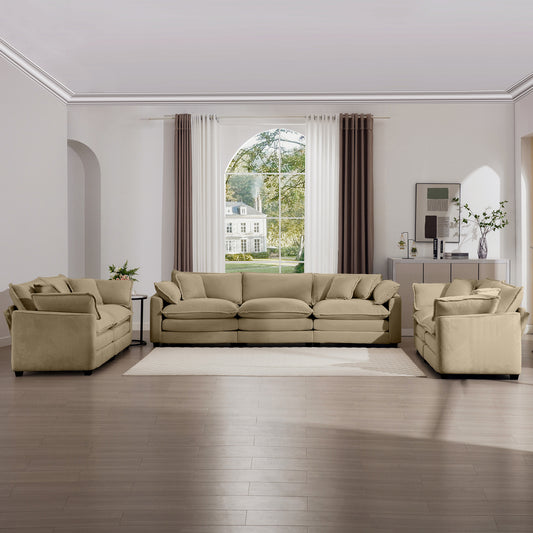 Beige corduroy sectional sofa with plush cushions perfect for a modern living room