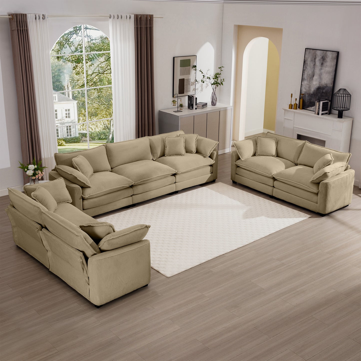 Sectional sofa in textured beige fabric with plush cushions perfect for family living rooms