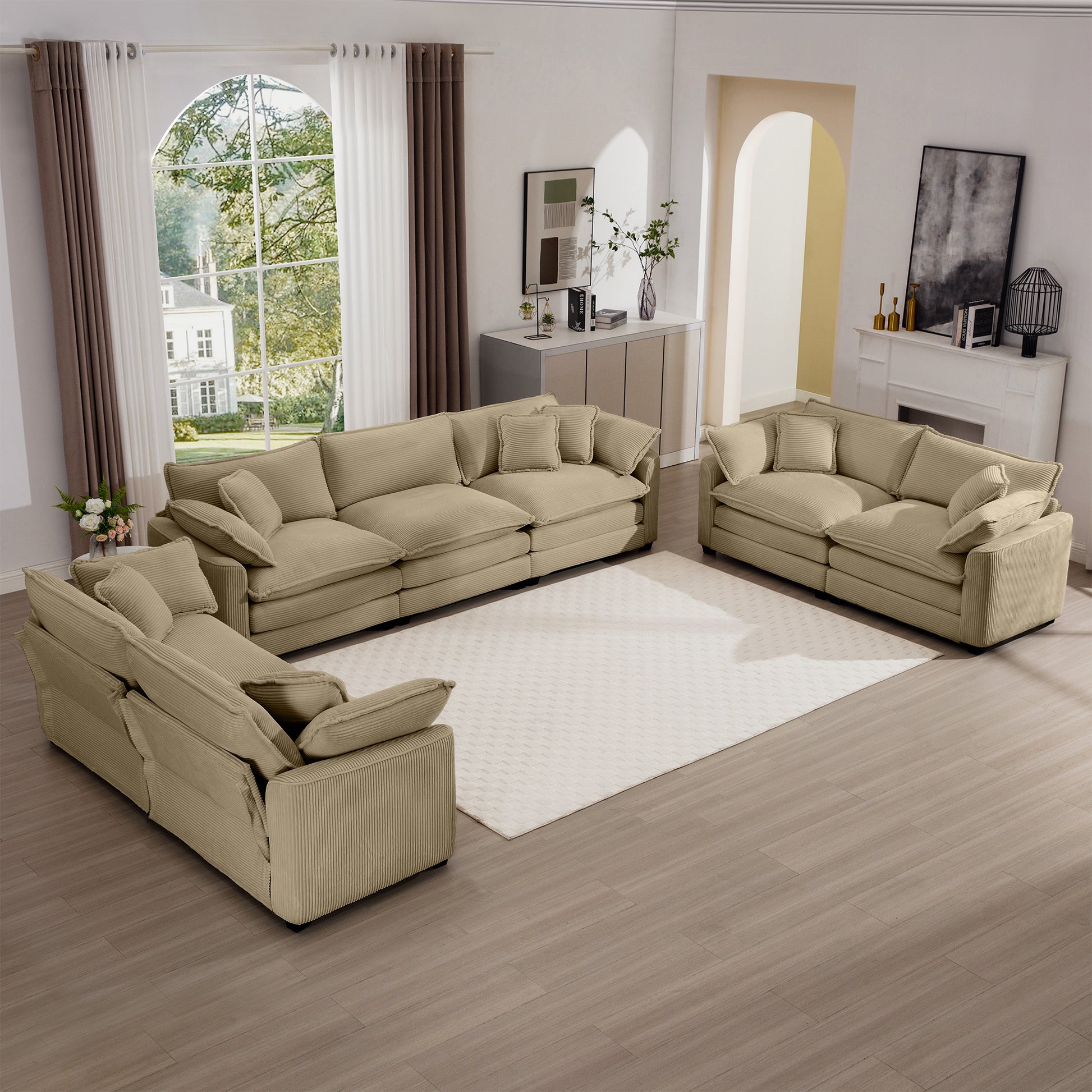Sectional sofa in textured beige fabric with plush cushions perfect for family living rooms