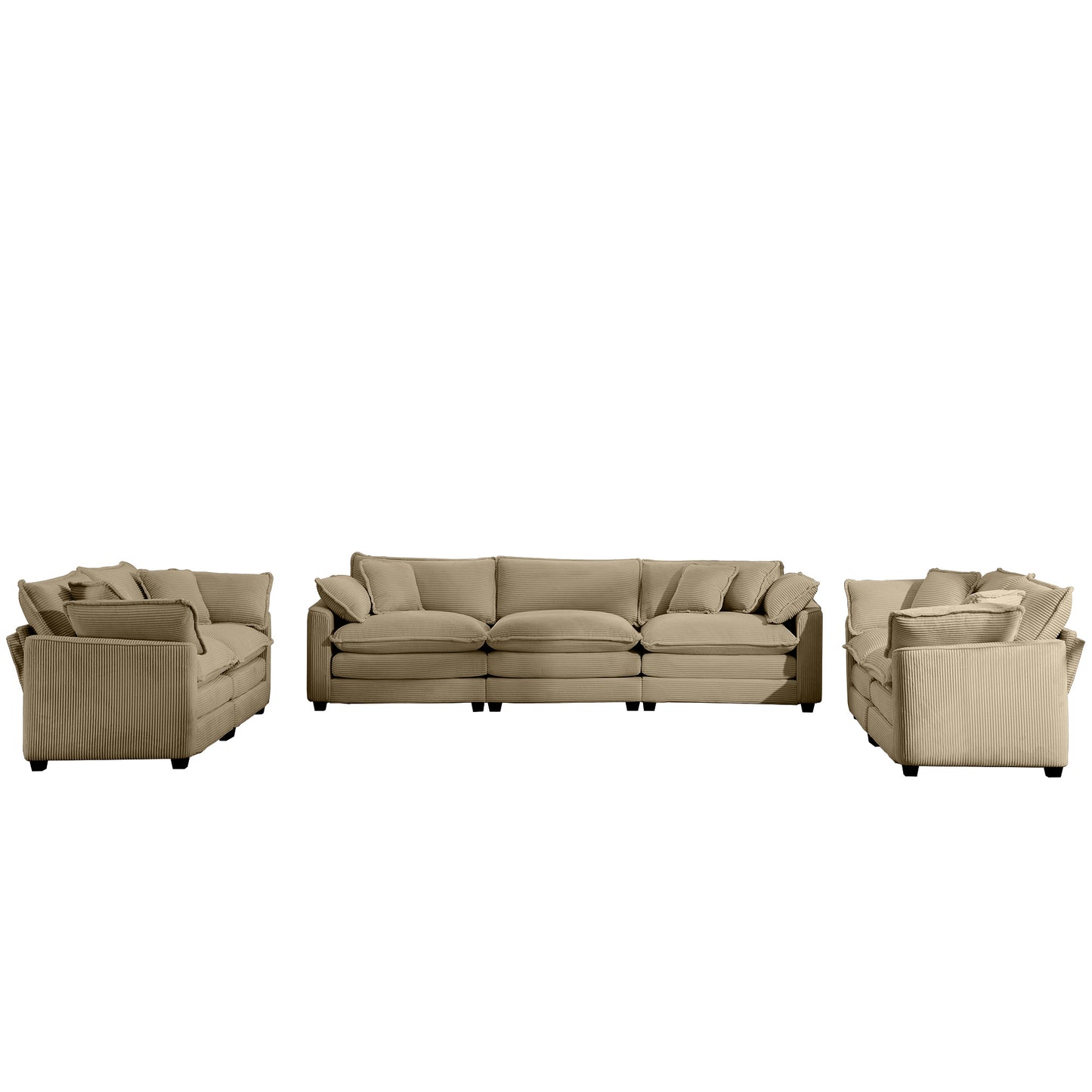Plush beige corduroy sectional sofa with matching throw pillows ideal for living rooms