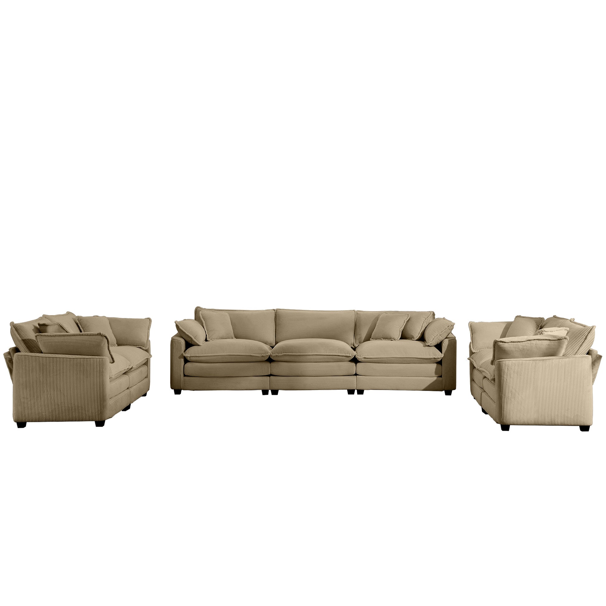 Plush beige corduroy sectional sofa with matching throw pillows ideal for living rooms