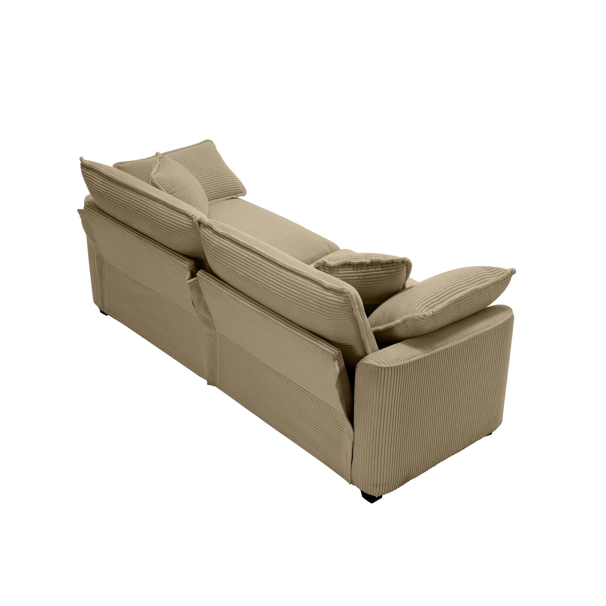Beige corduroy sectional sofa with plush throw pillows