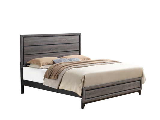 Modern grey wood platform bed with minimalist headboard and storage drawers