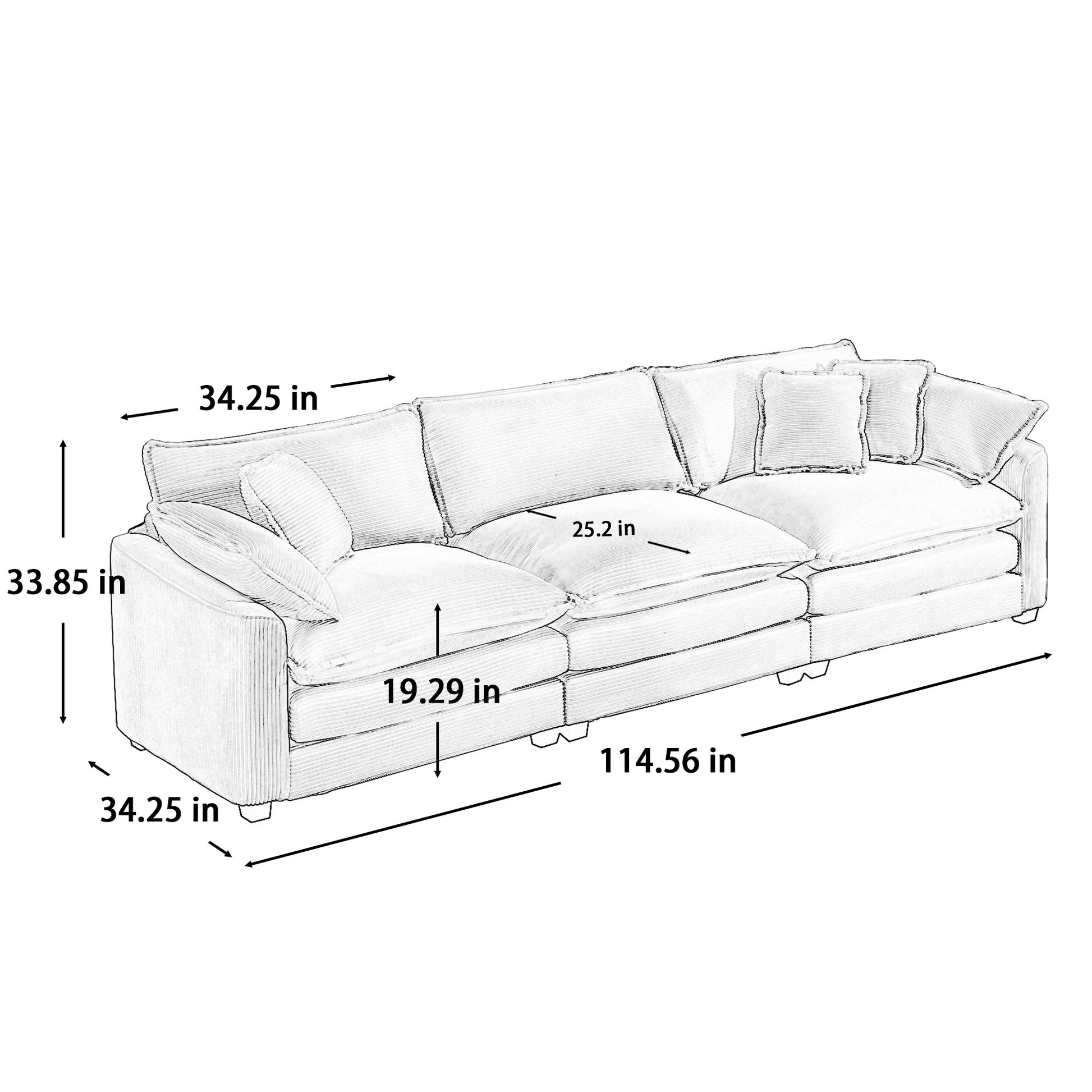 Sketch of a plush sectional sofa in a neutral tone featuring deep seats and multiple throw pillows for comfort