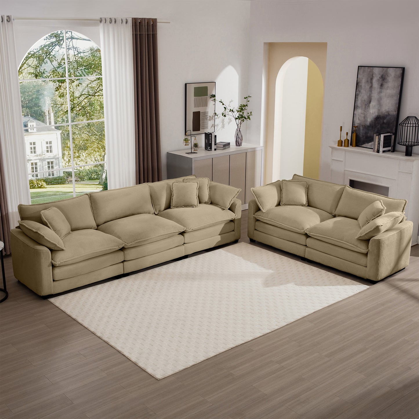 Khaki corduroy sectional sofa with plush throw pillows for a cozy living room