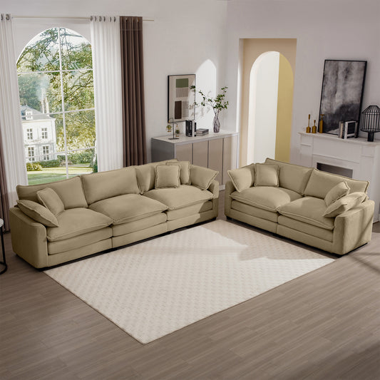 Khaki corduroy sectional sofa with plush throw pillows for a cozy living room
