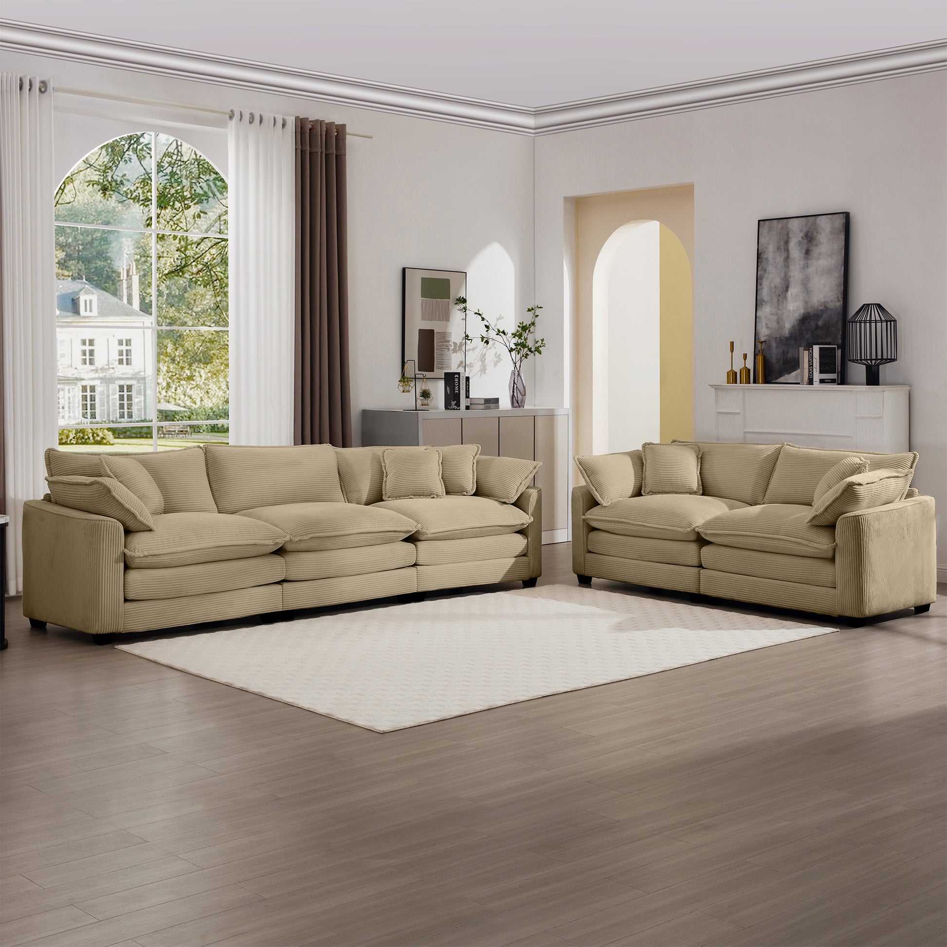 Beige corduroy sectional sofa with plush cushions modern living room decor