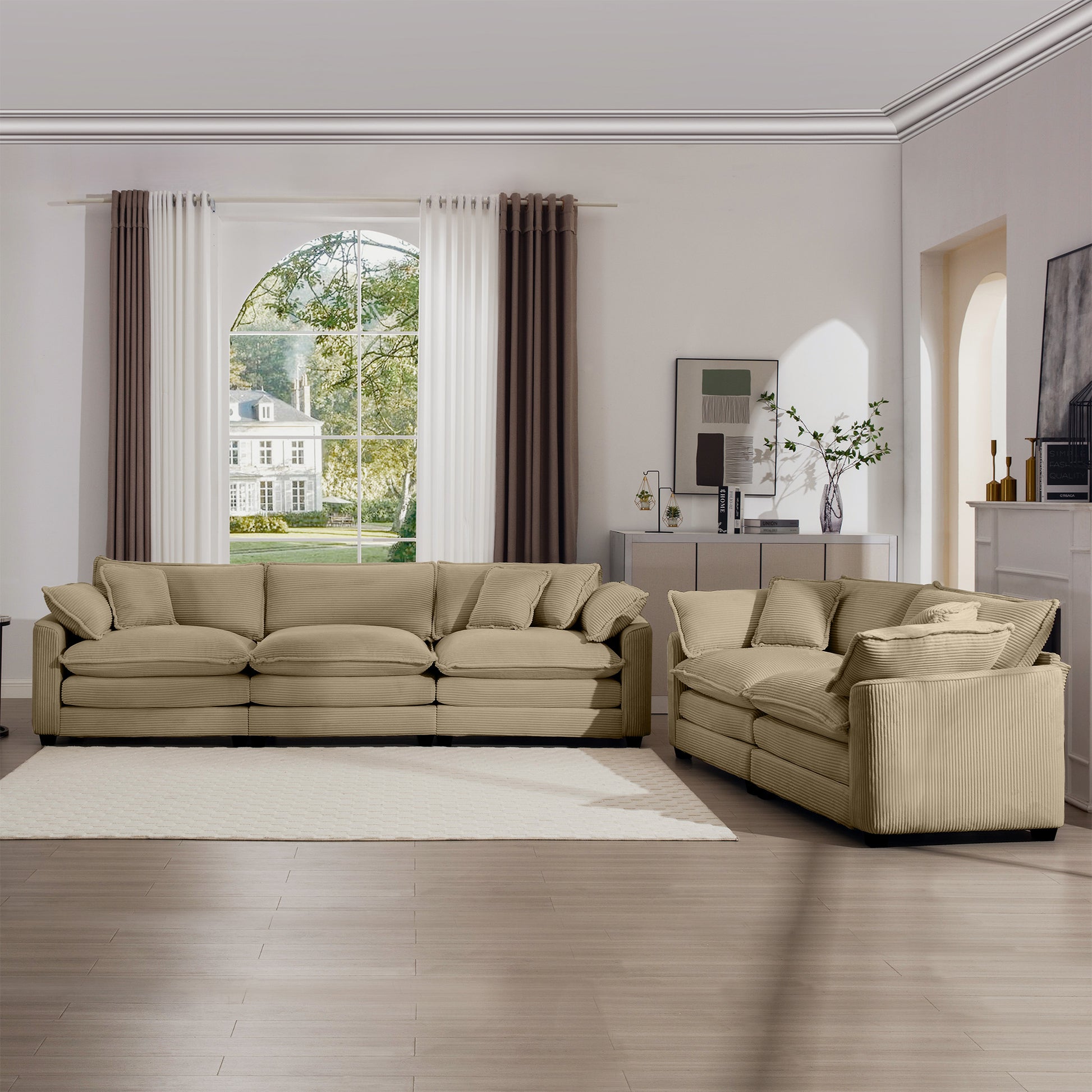 Beige corduroy sectional sofa with plush cushions perfect for a modern living room