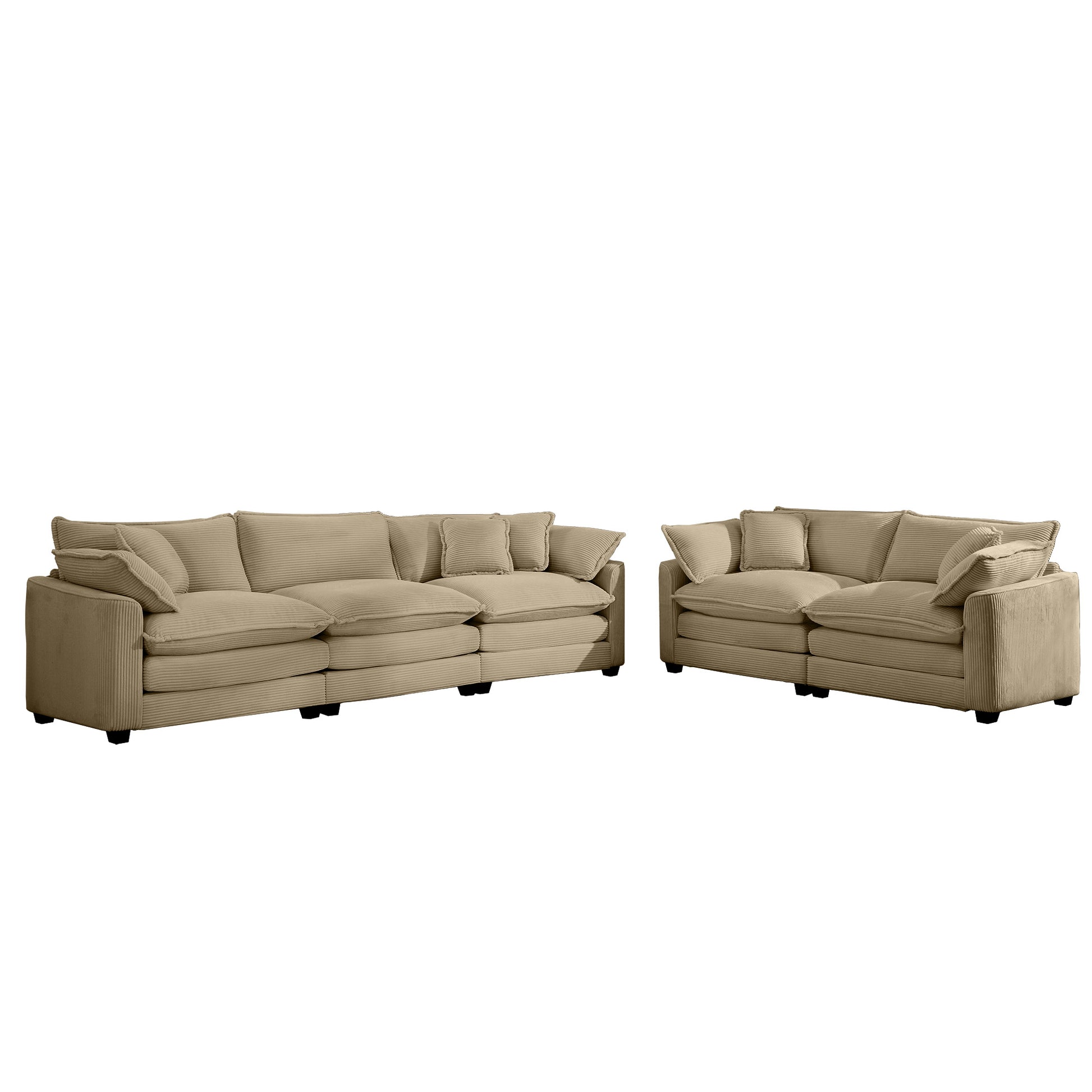 Sectional corduroy sofa in beige with plush cushions and matching throw pillows