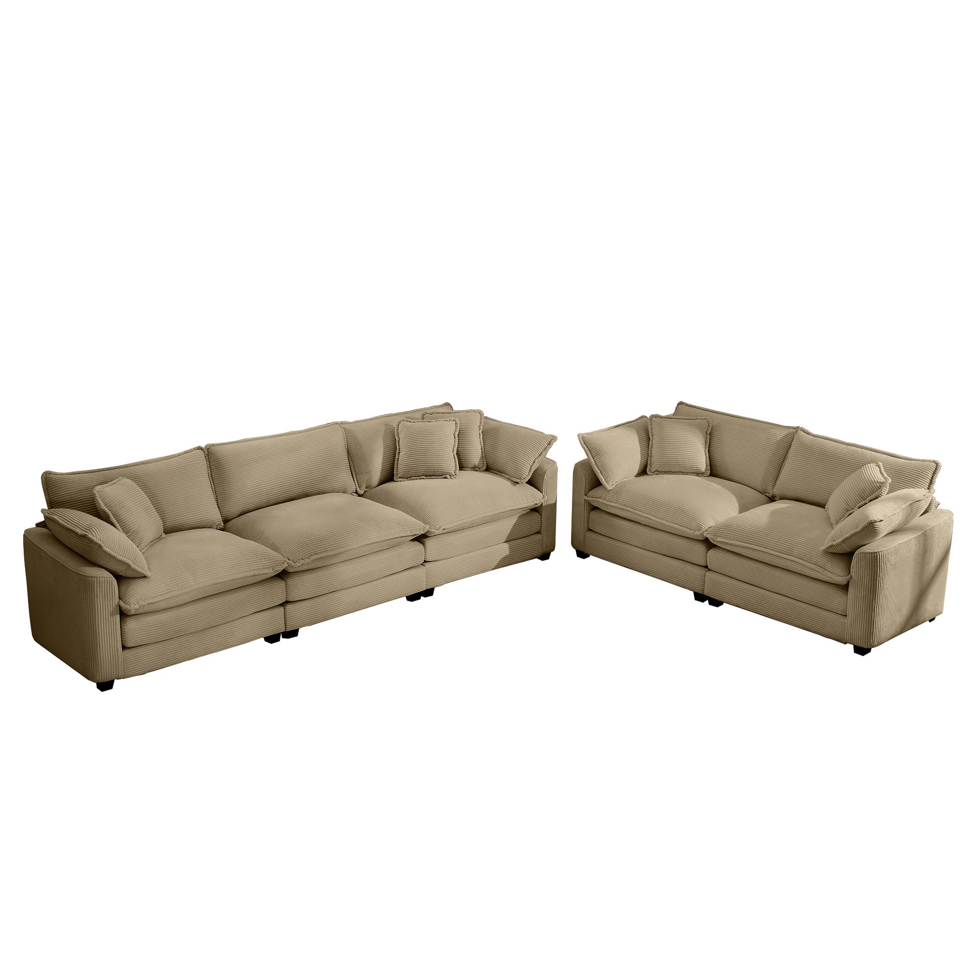Light brown corduroy sectional sofa with plush cushions and accent pillows