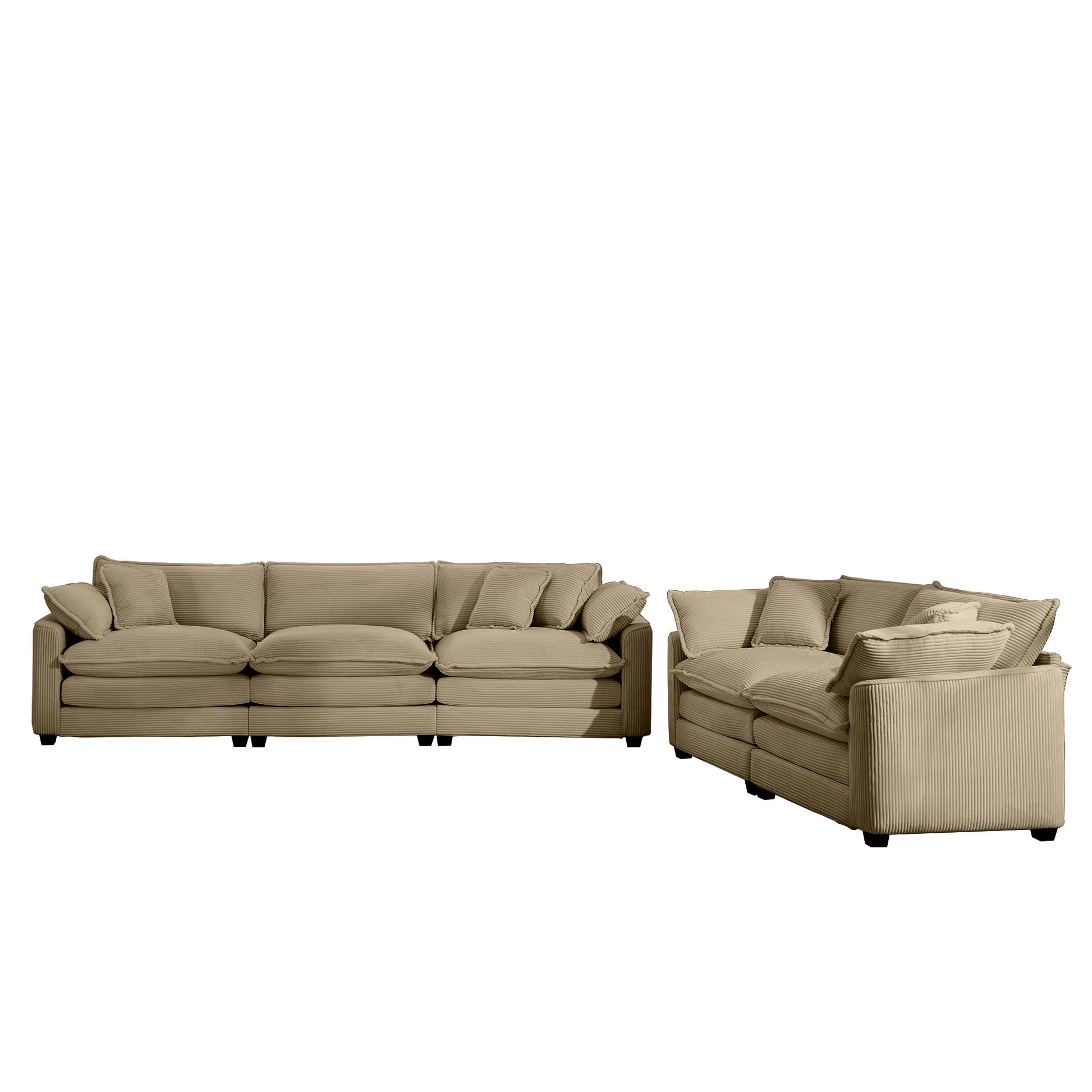 Plush tan corduroy sectional sofa with deep cushions and multiple throw pillows for ultimate comfort