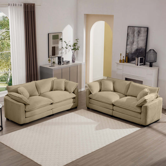 Plush beige corduroy sofa with plush throw pillows for ultimate comfort