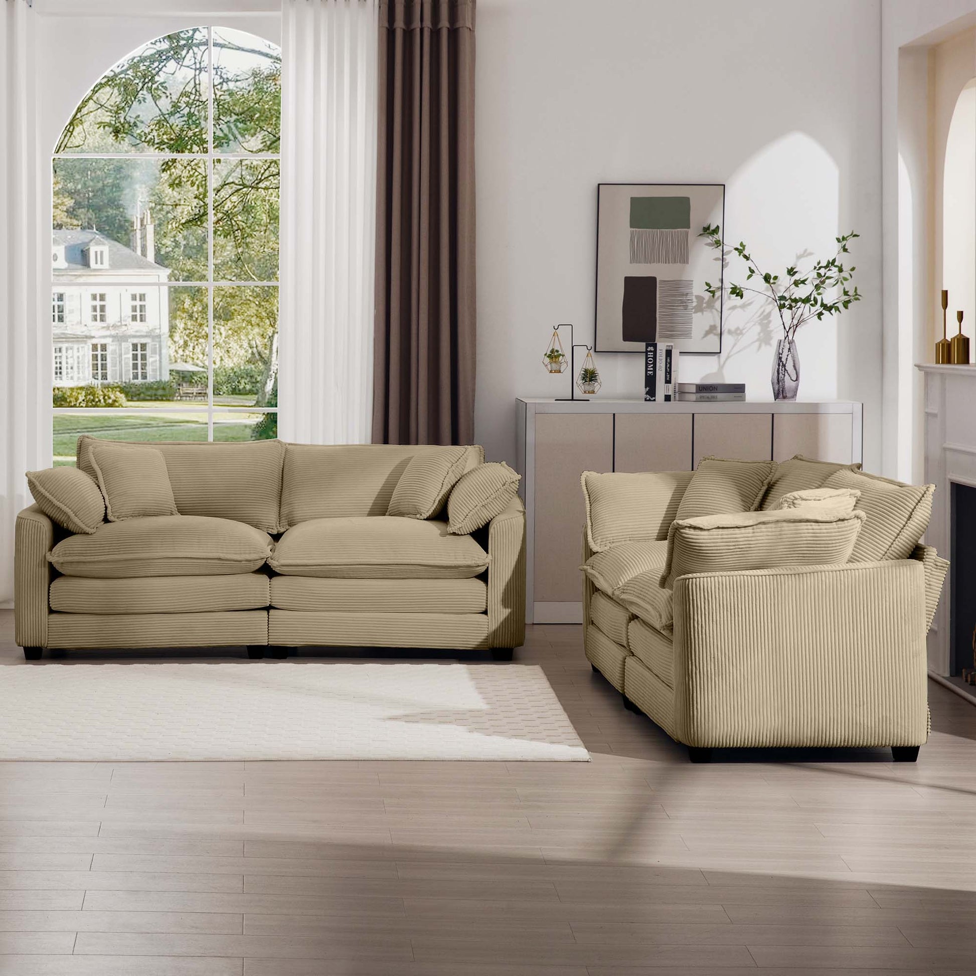 Beige corduroy sofa set with plush cushions in a modern living room