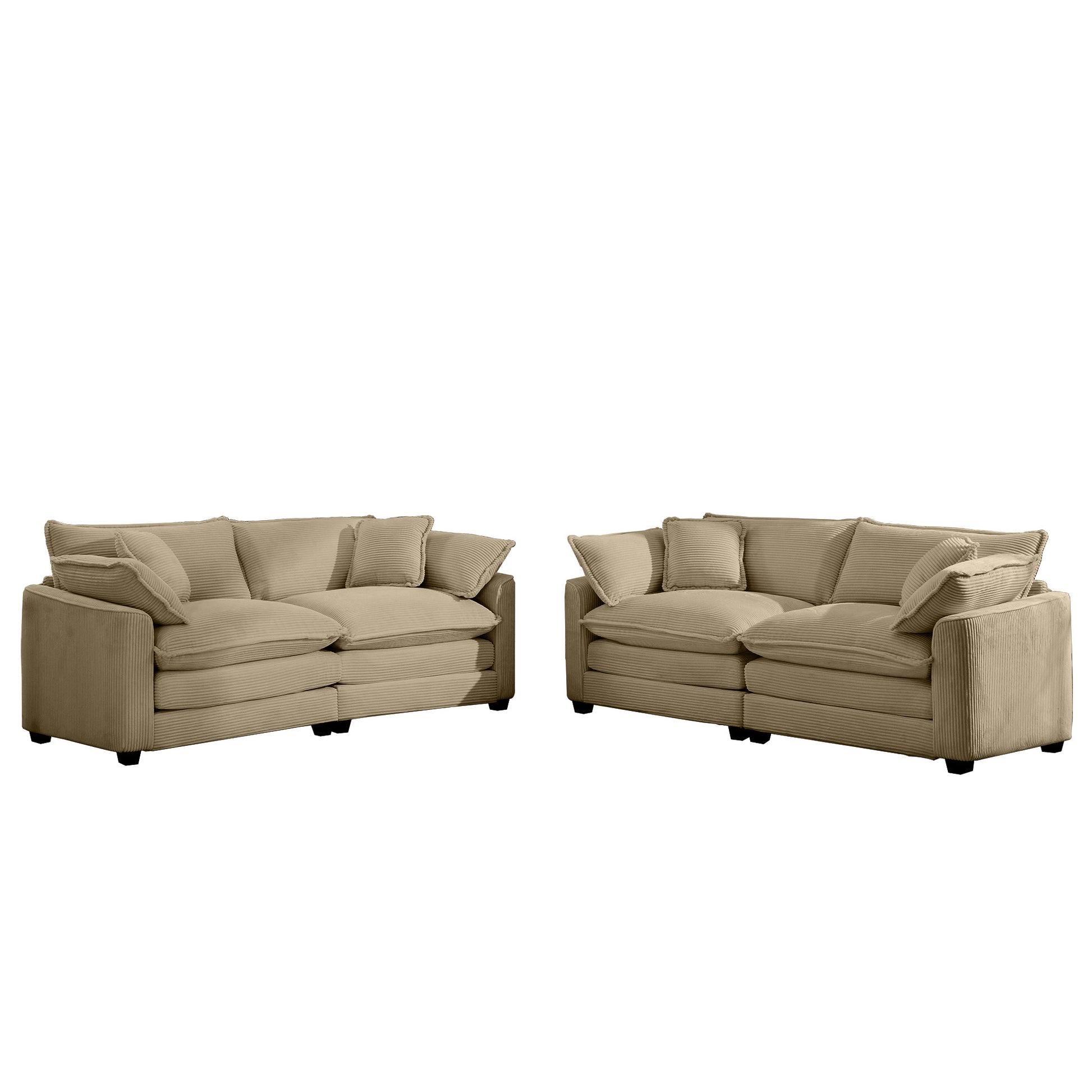 Two tan corduroy sofas with plush cushions and a contemporary design