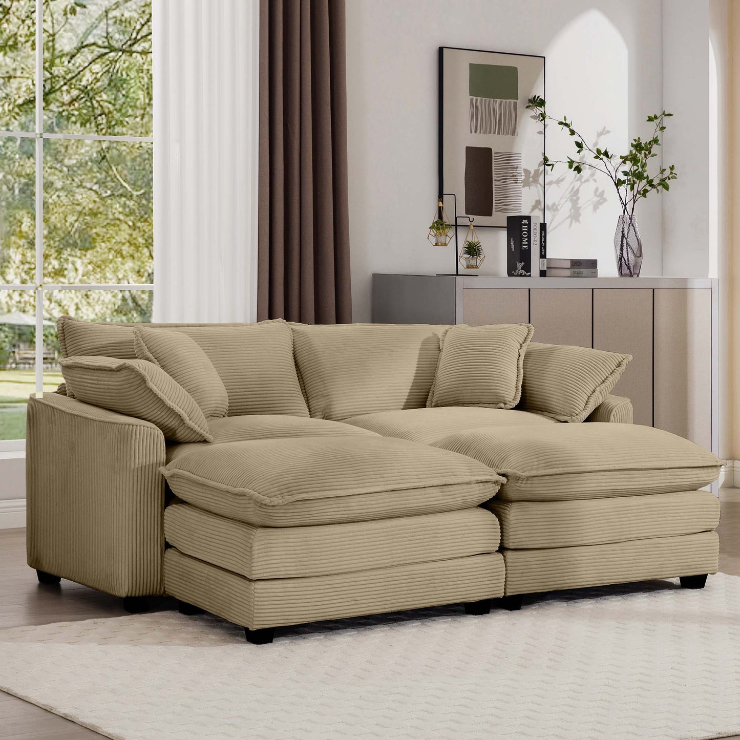 Textured corduroy sectional sofa in a modern living room plush cushions