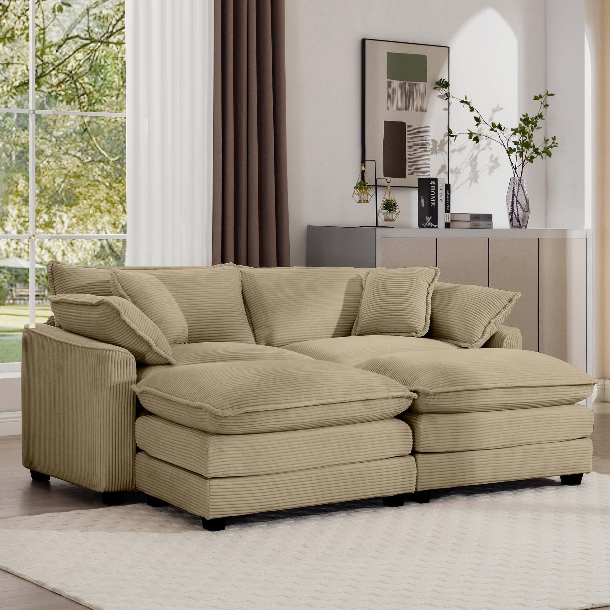 Textured corduroy sectional sofa in a modern living room plush cushions