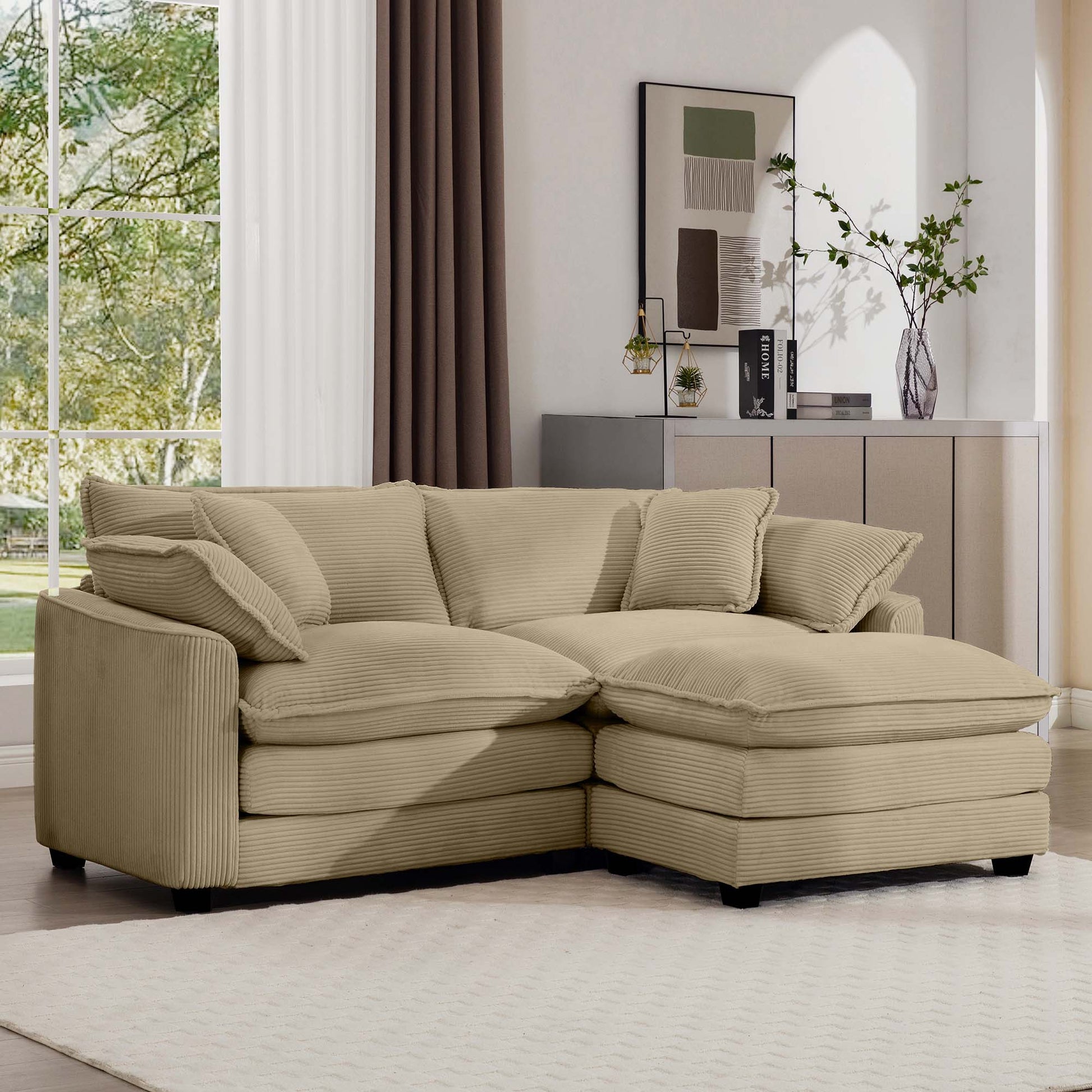 Beige corduroy sectional sofa with plush cushions perfect for a cozy living room