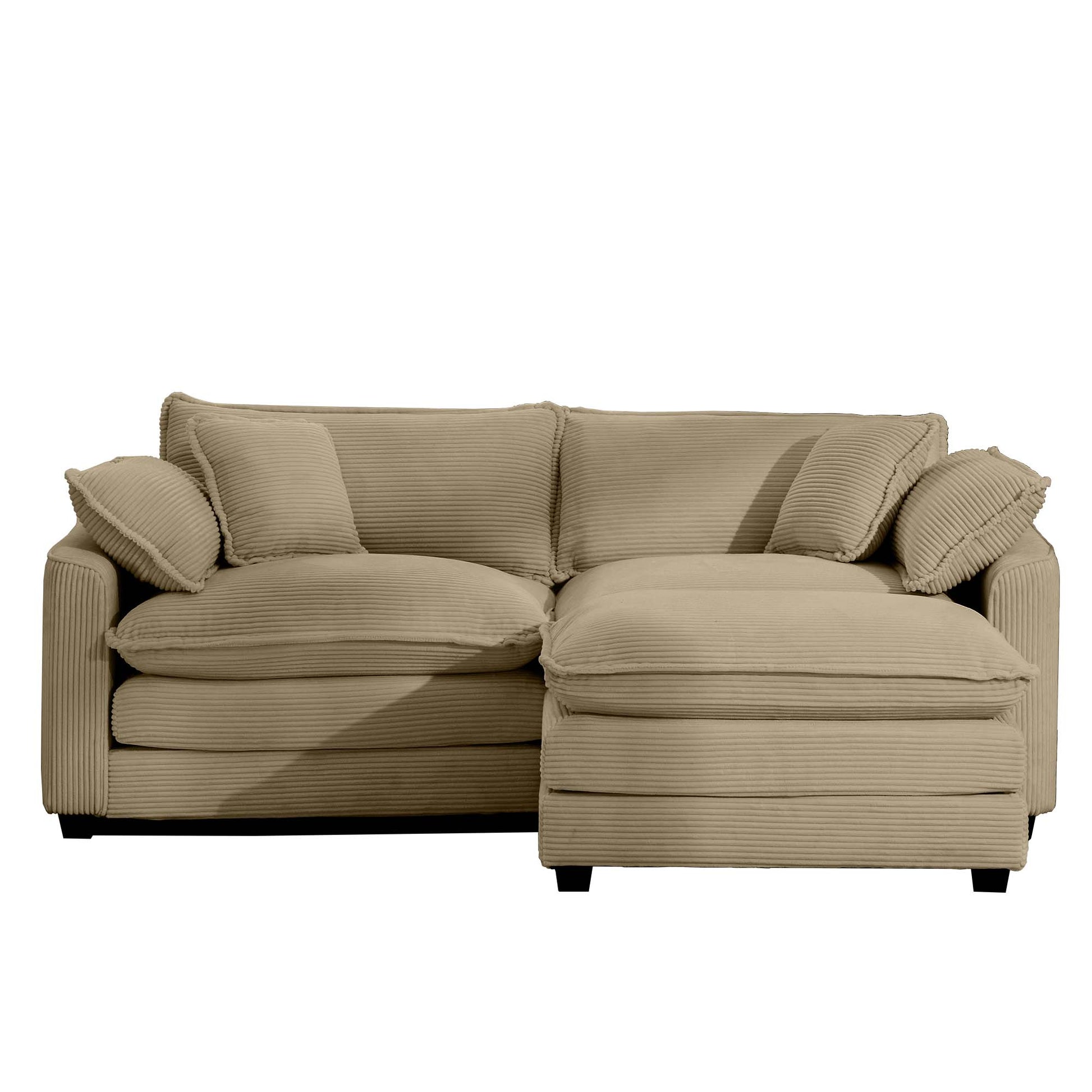 Tan corduroy sectional sofa with plush pillows perfect for a cozy living room