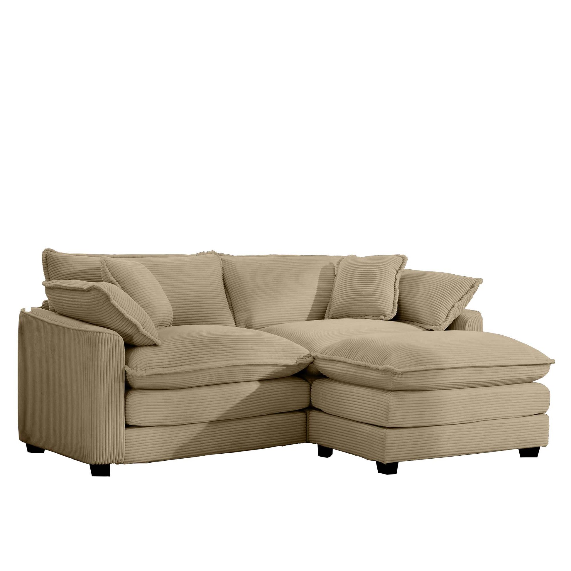 Plush beige corduroy sectional sofa with deep cushions and accent pillows