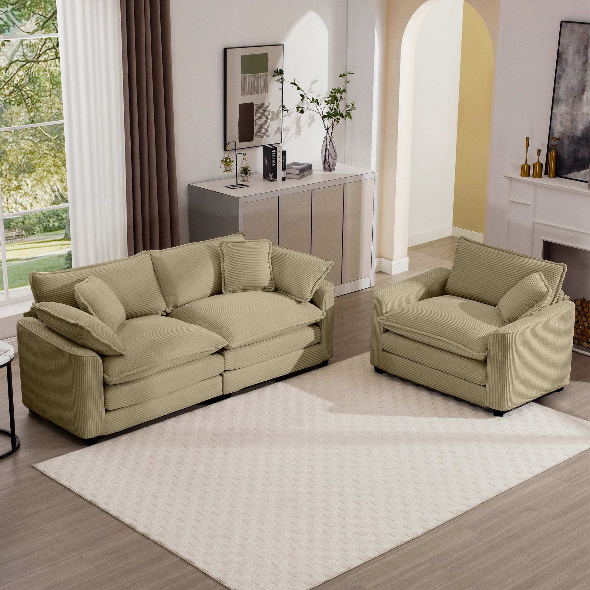 Comfortable beige corduroy sofa with plush cushions for a cozy living room