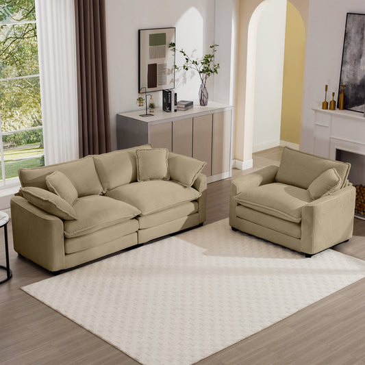 Comfortable beige corduroy sofa with plush cushions for a cozy living room