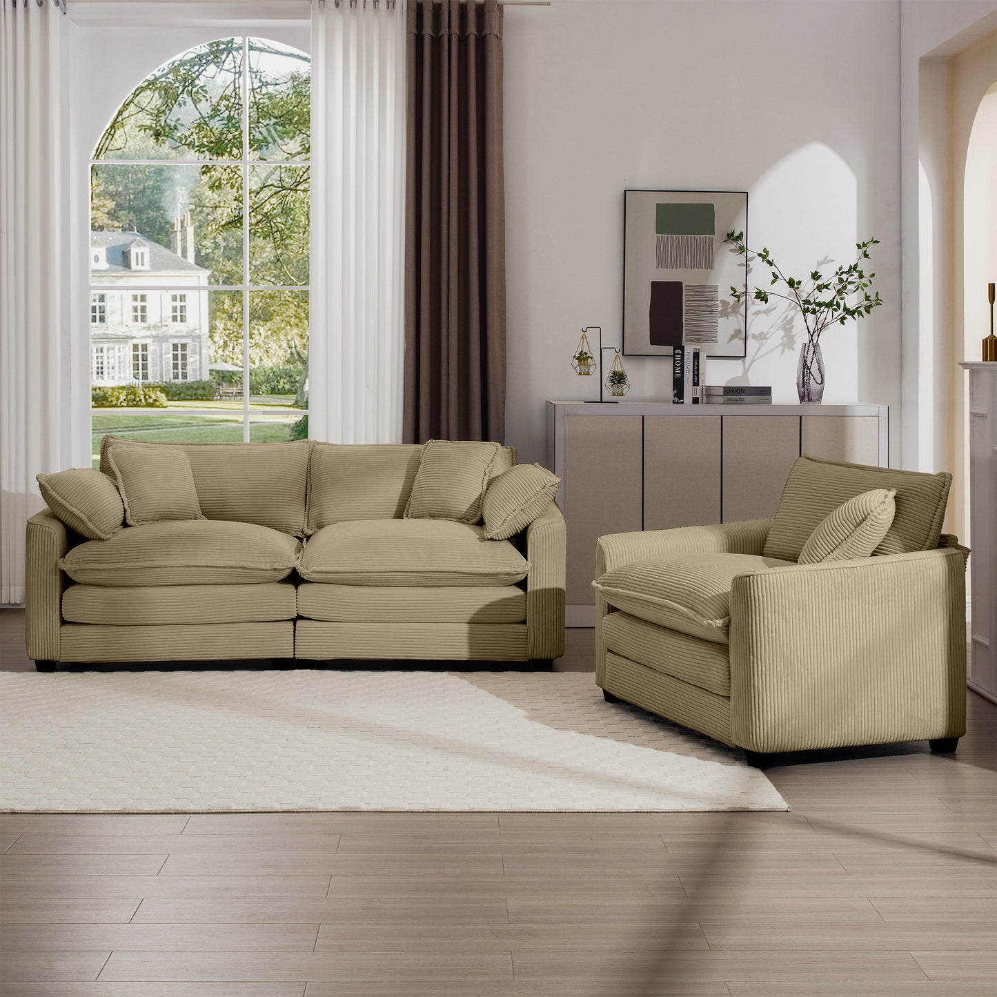Luxurious beige corduroy sofa with plush cushions perfect for a cozy living room