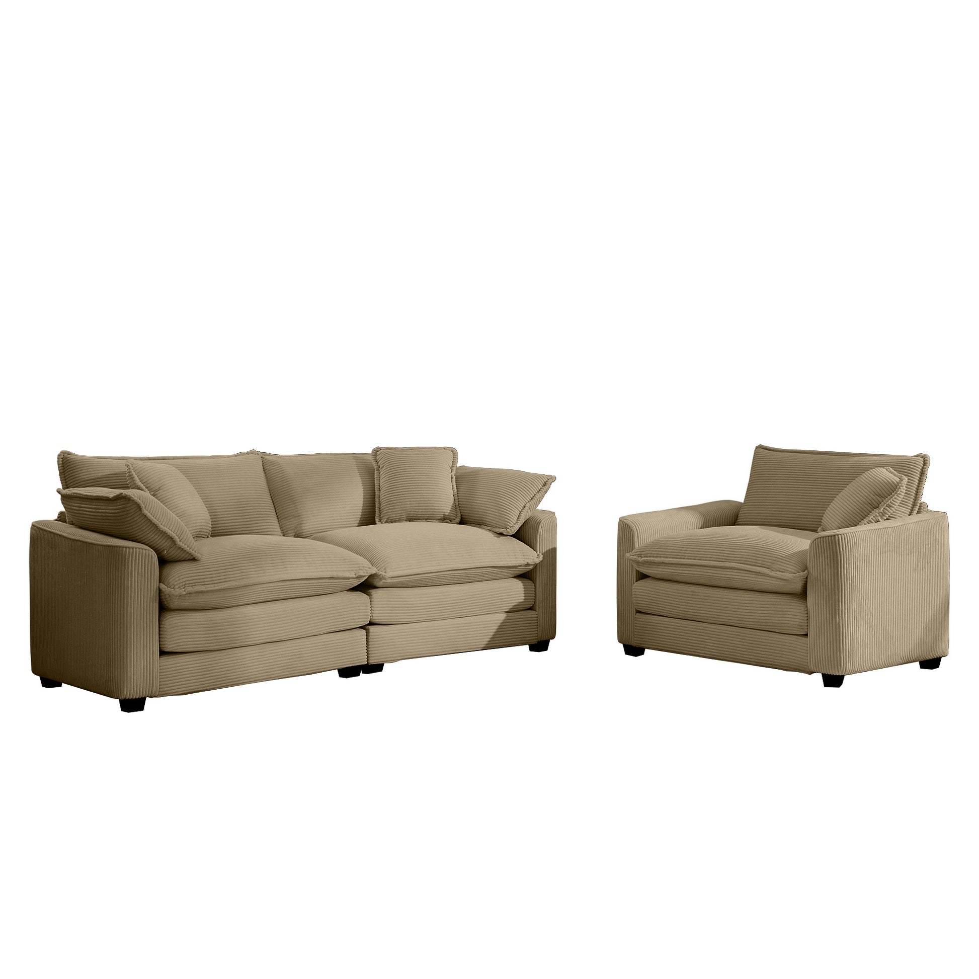 Beige corduroy sectional sofa with plush cushions and accent pillows