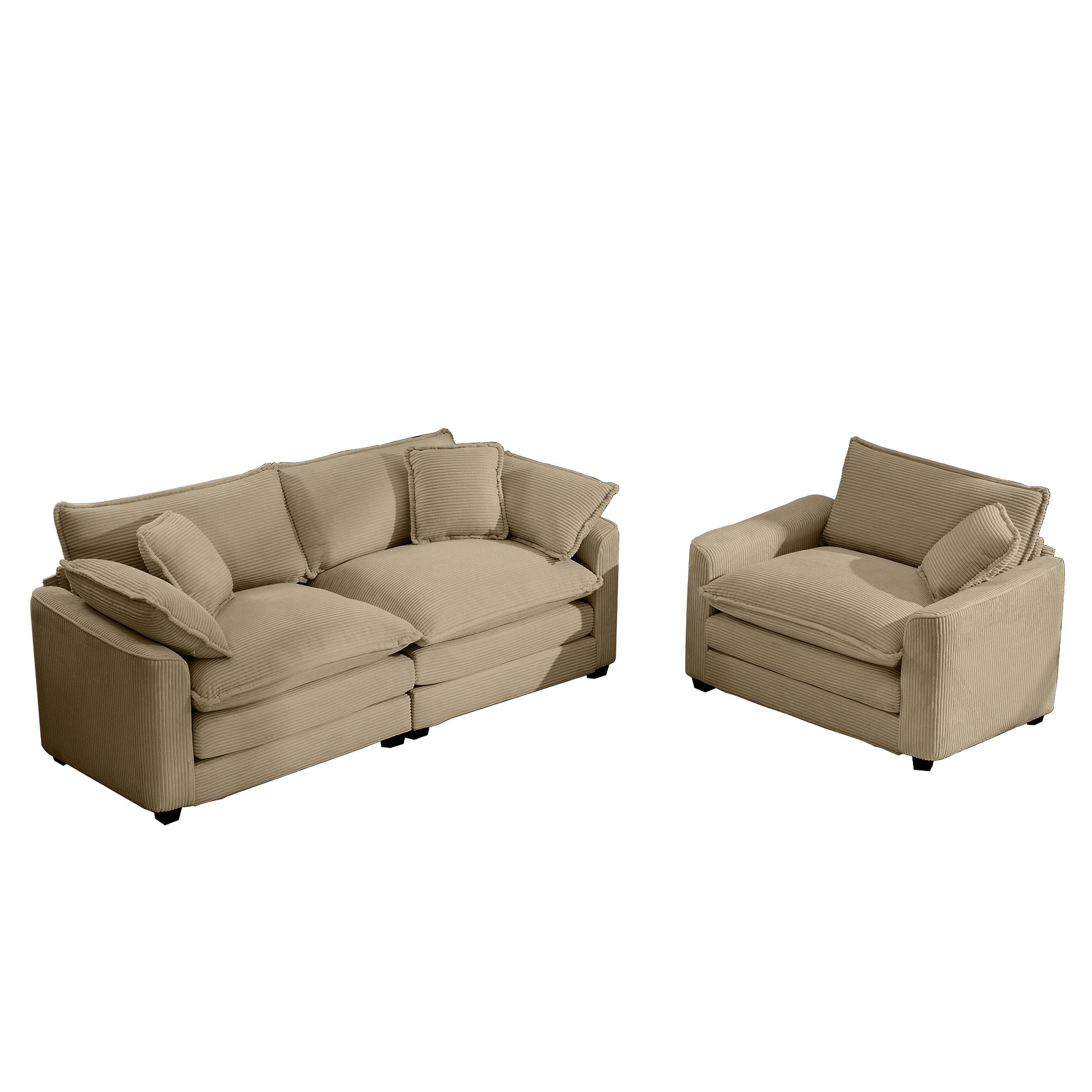 Tan corduroy sectional sofa with plush cushions and accent pillows