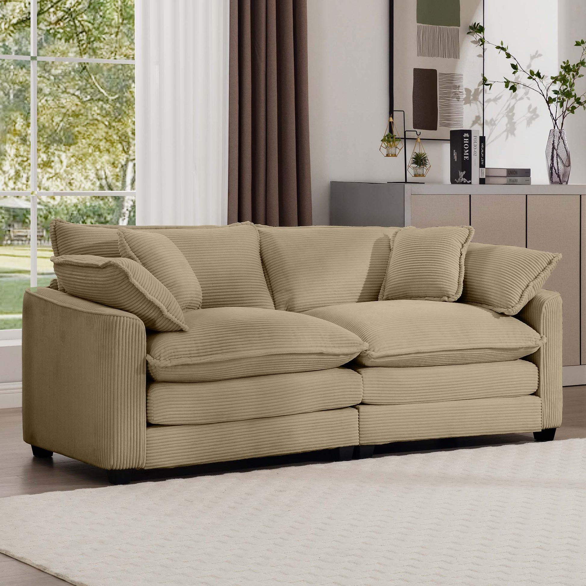 Beige corduroy sofa with plush cushions perfect for a cozy living room