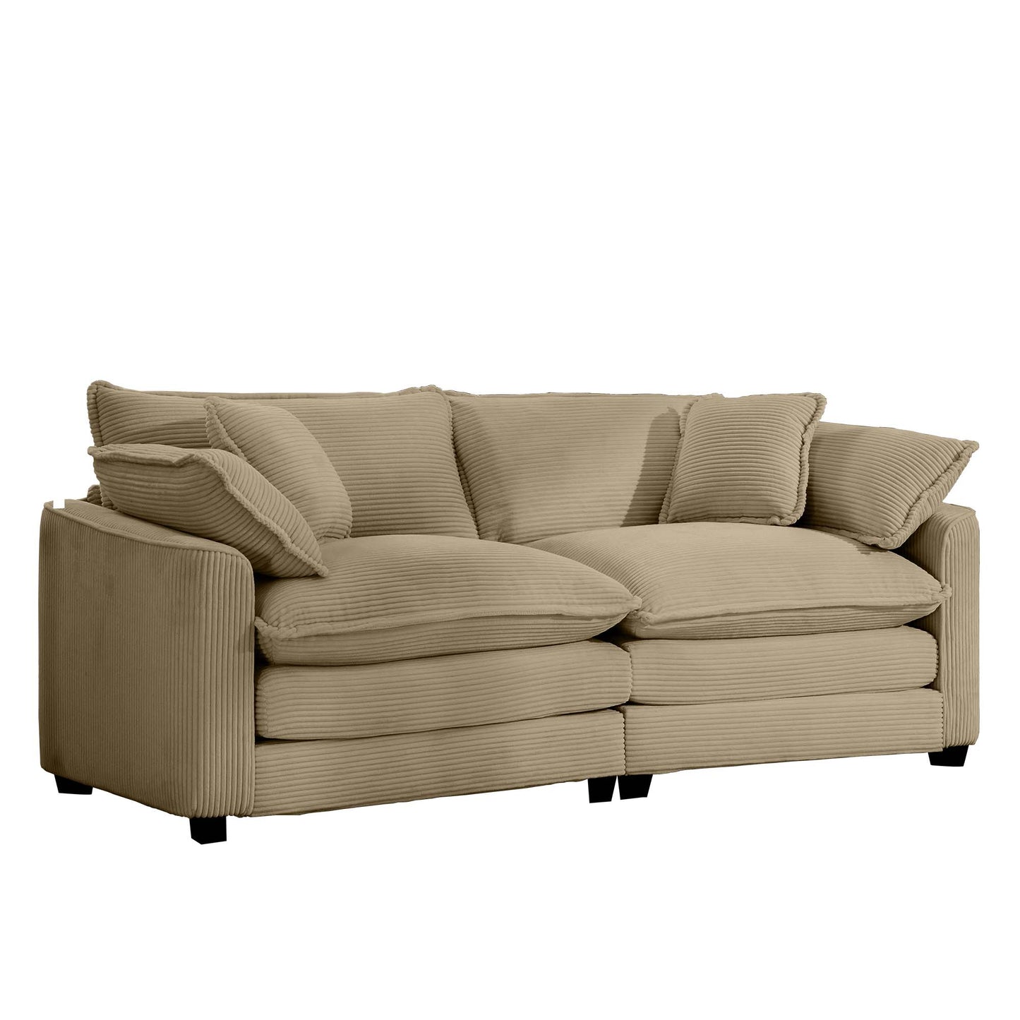Plush beige corduroy sofa with deep seating and comfortable accent pillows perfect for modern living rooms