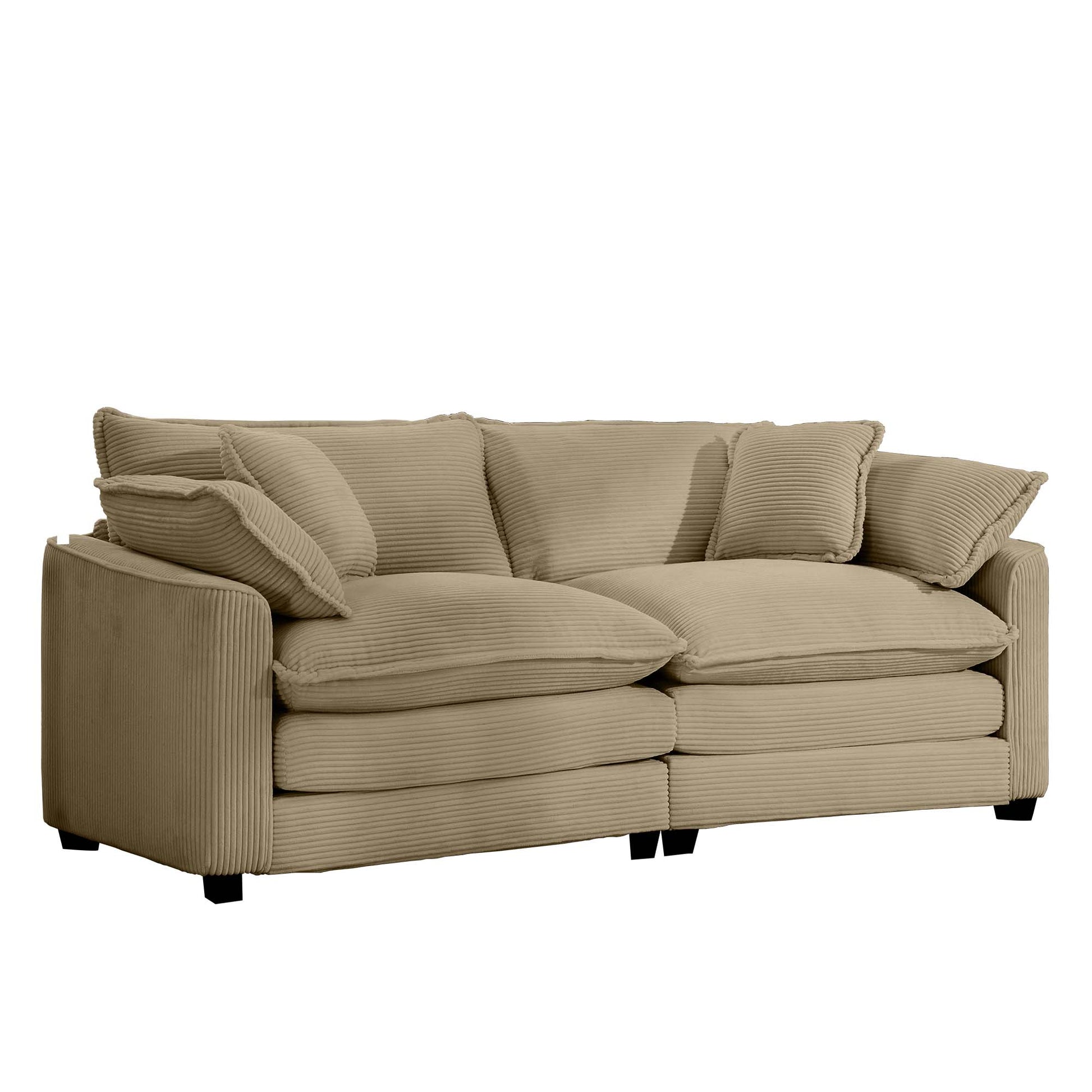 Plush beige corduroy sofa with deep seating and comfortable accent pillows perfect for modern living rooms