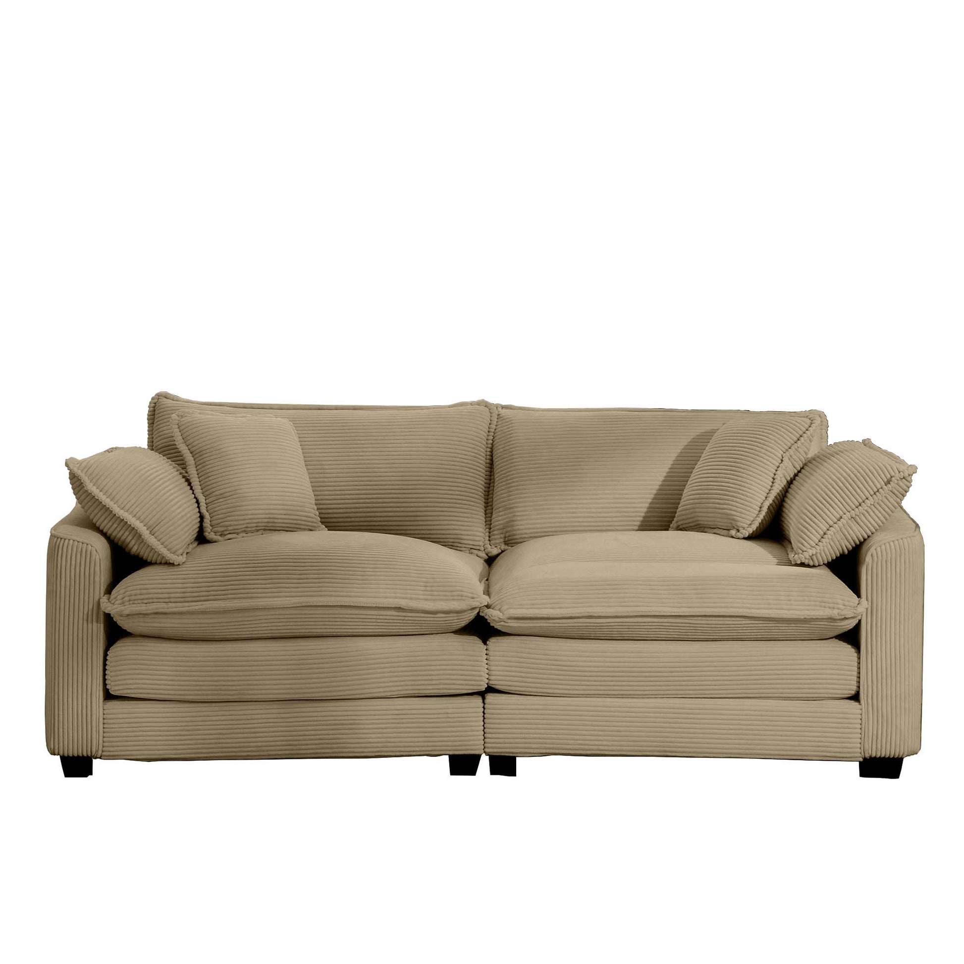 Taupe corduroy sofa with plush throw pillows perfect for a cozy living room