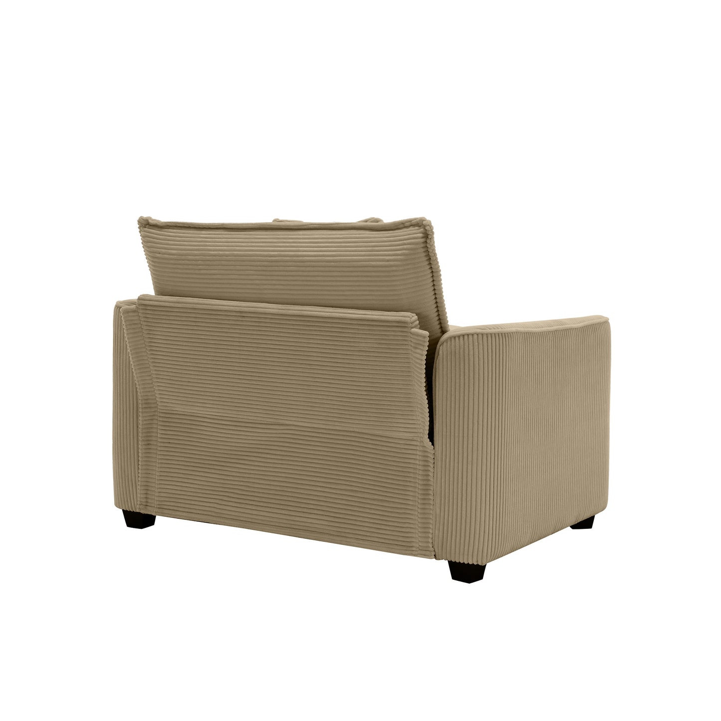 Beige corduroy accent chair with plush cushions and dark wooden legs
