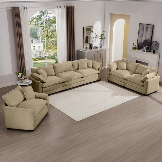 Textured beige sectional sofa with plush cushions and matching armchair ideal for living room comfort