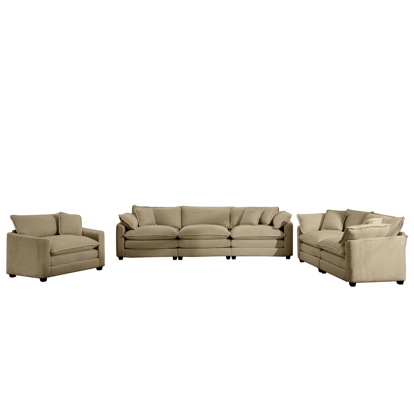 Plush beige corduroy sectional sofa with matching armchair for living room comfort